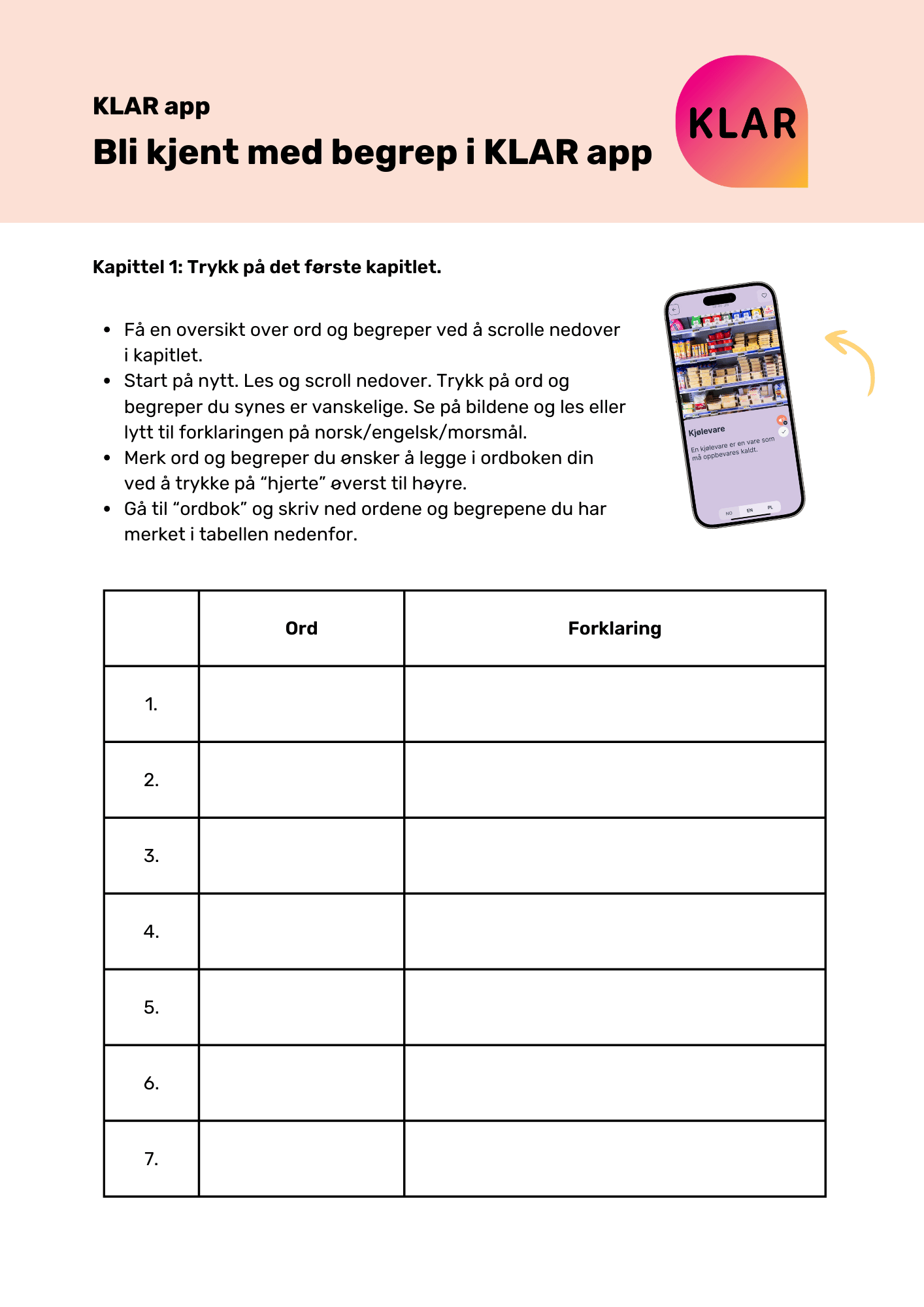 Bli kjent med ord og begreper i KLAR app