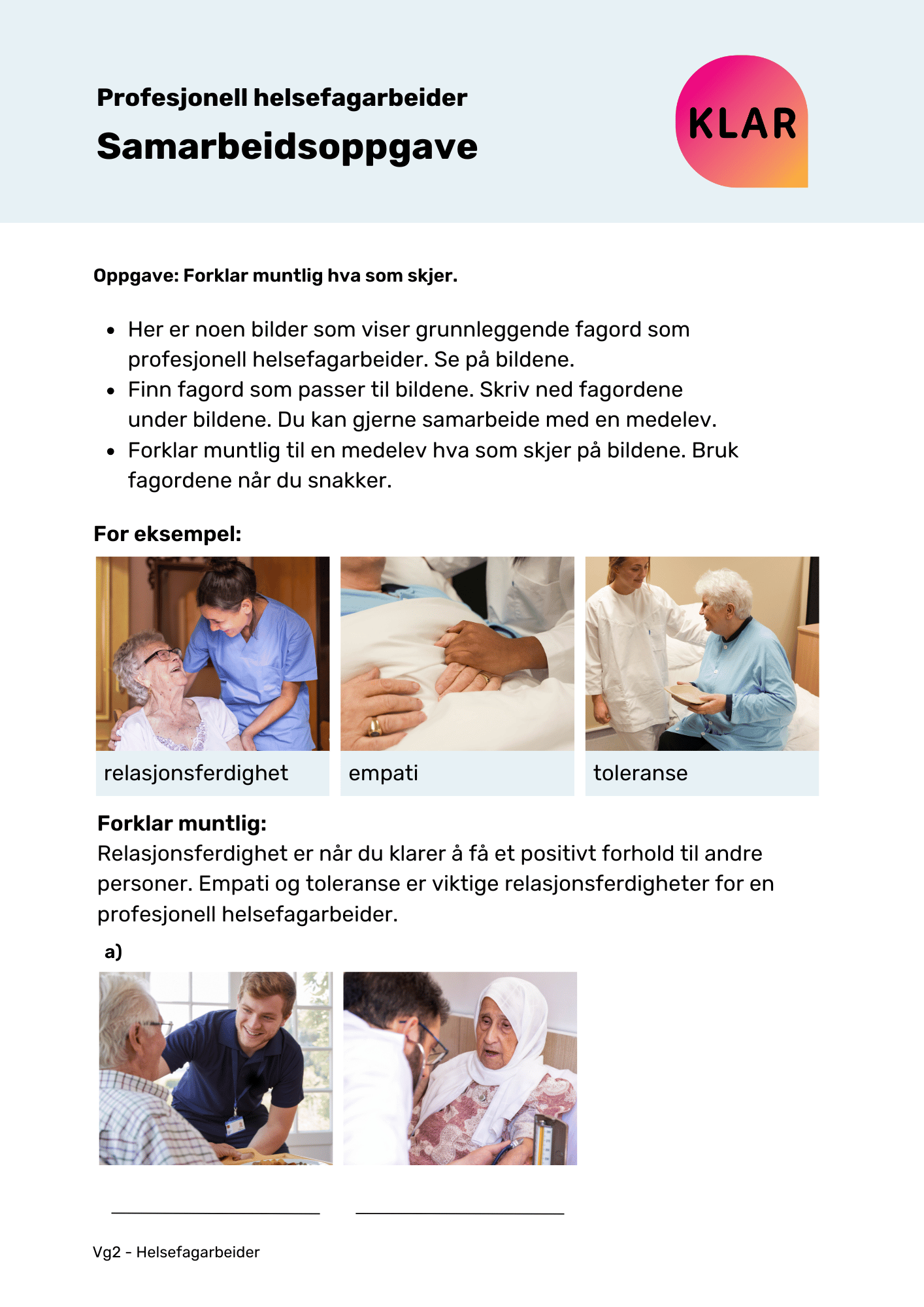 Profesjonell helsefagarbeider - samarbeidsoppgave