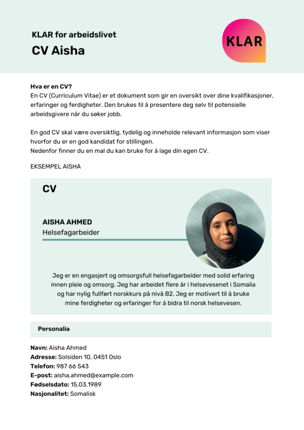KLAR for arbeidslivet - CV Aisha