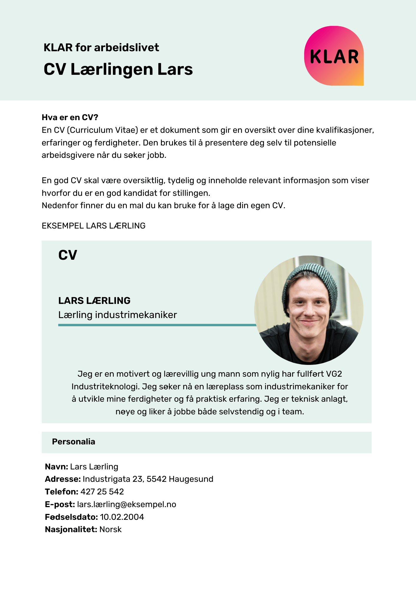 KLAR for arbeidslivet - CV Lars Lærling