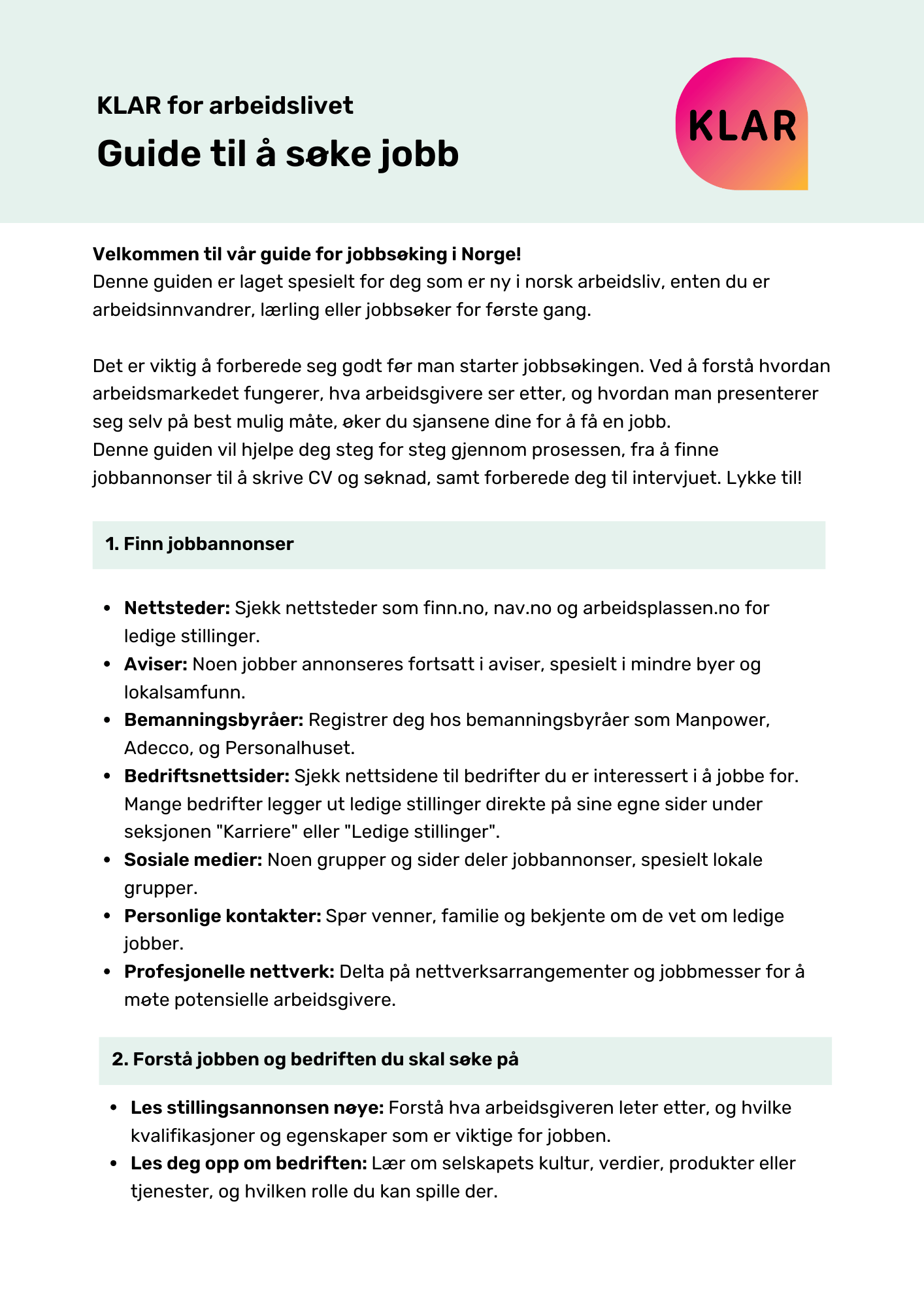 KLAR for arbeidslivet - Guide til å søke jobb