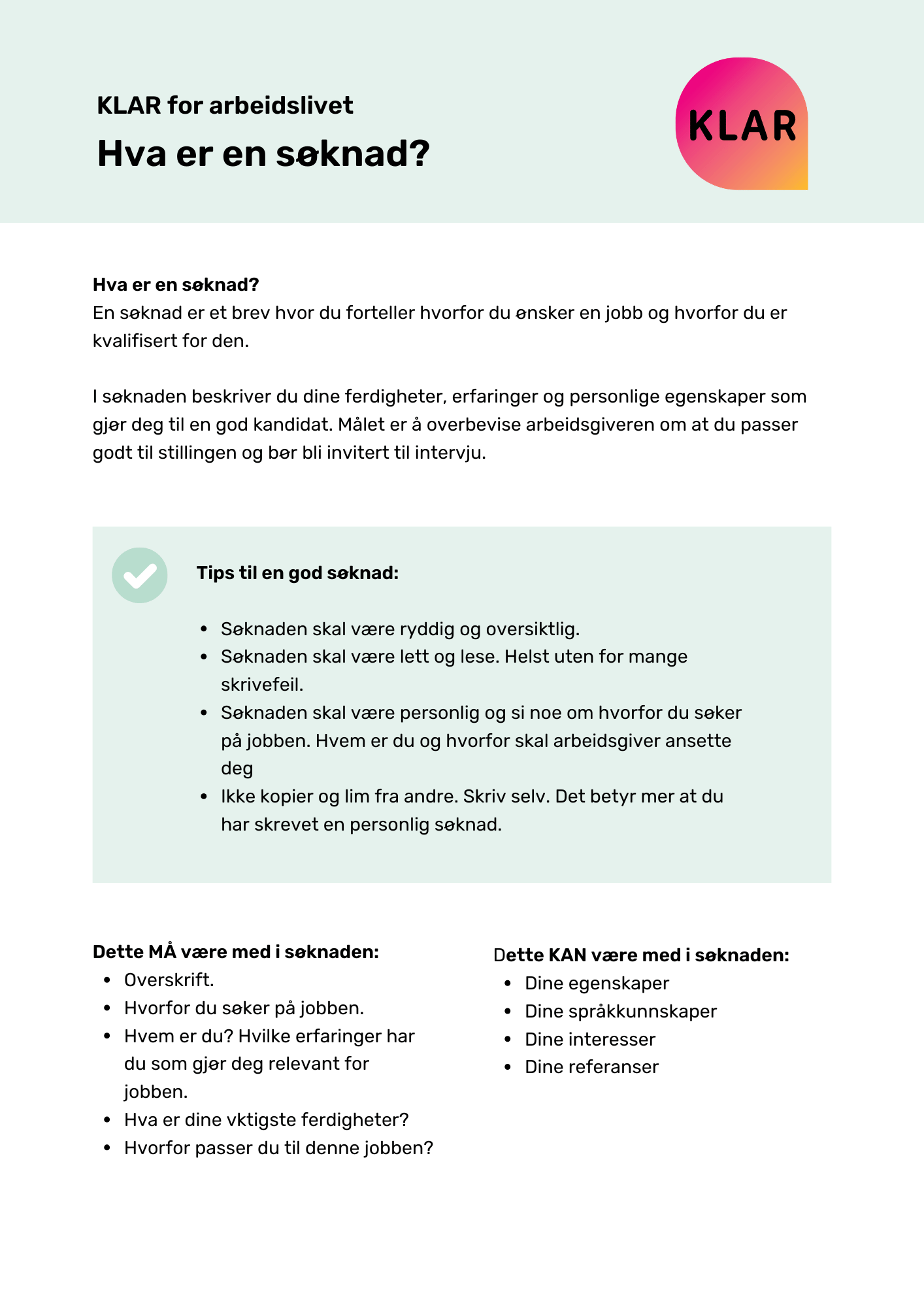 KLAR for arbeidslivet - Hva er en søknad?