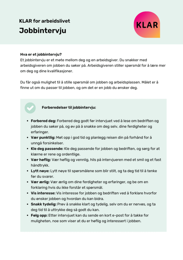 KLAR for arbeidslivet - Jobbintervju