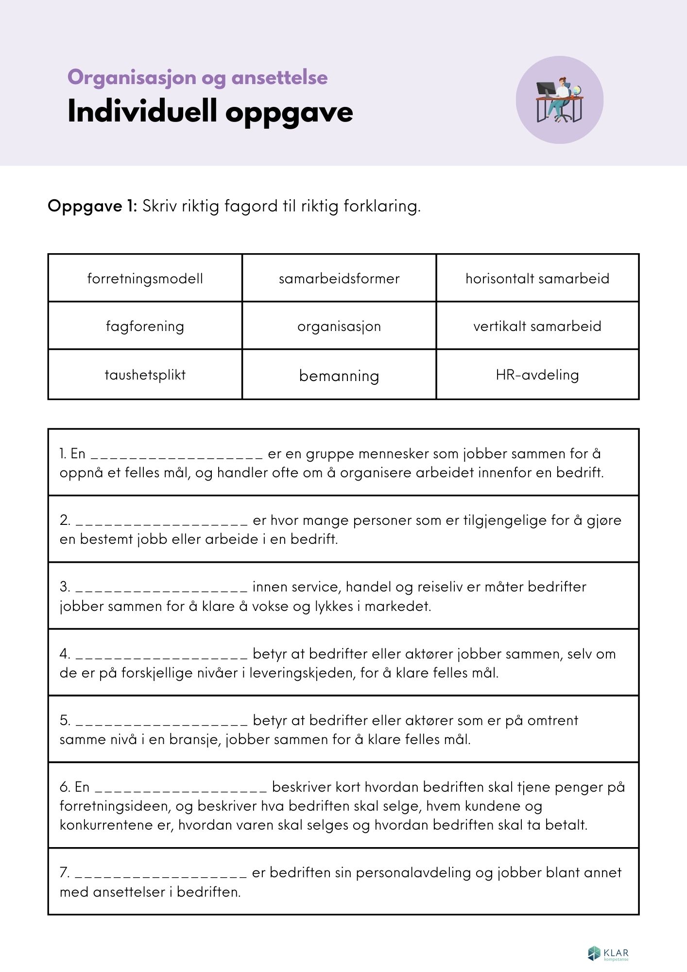 Organisasjon og ansettelse - individuell oppgave