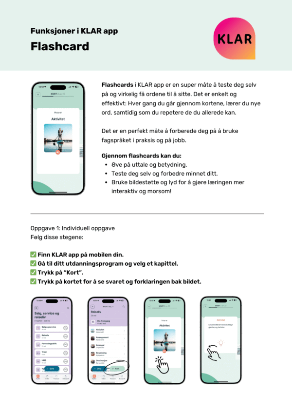 Funksjoner i KLAR app - Flashcard