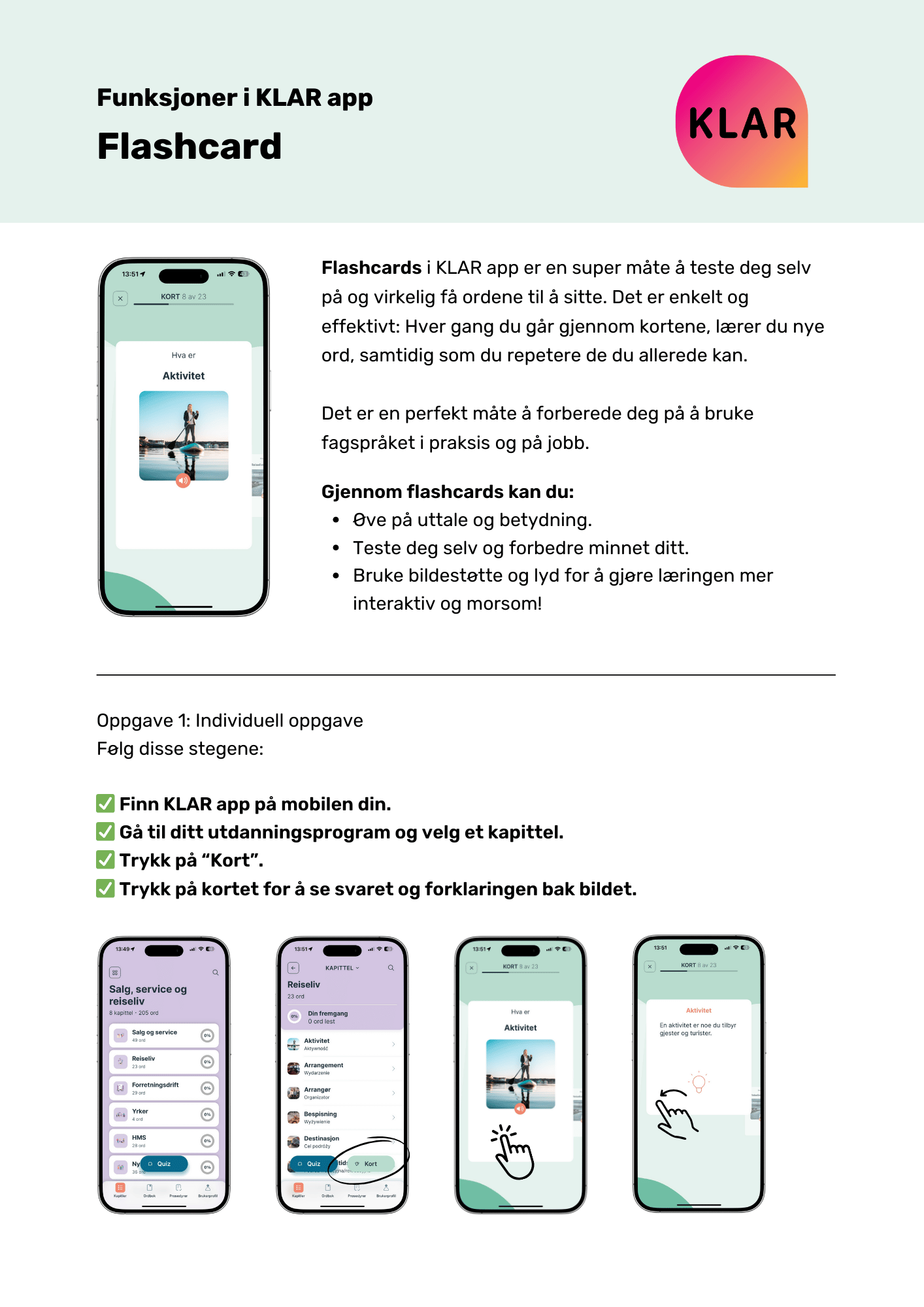 Funksjoner i KLAR app - Flashcard