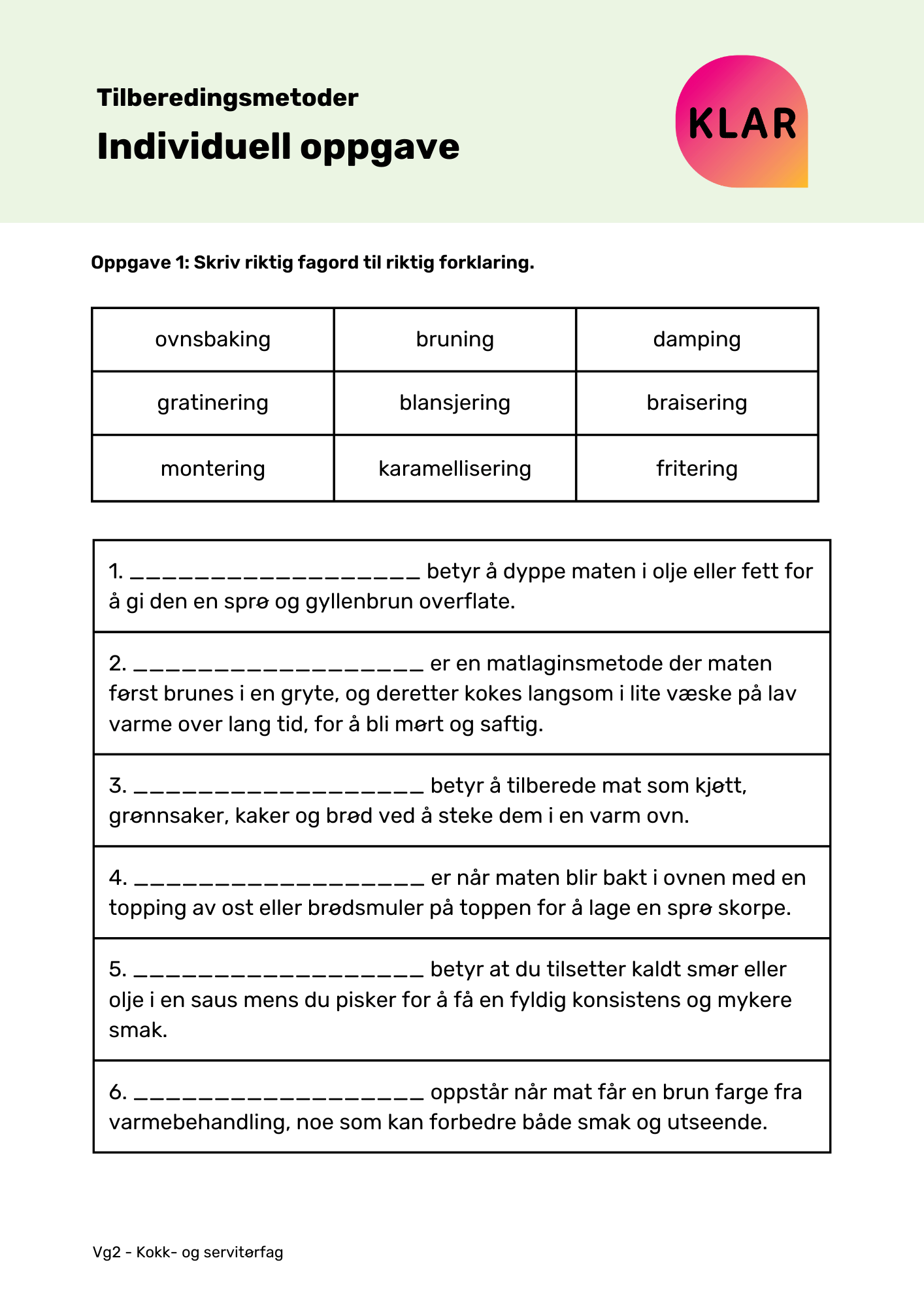 Tilberedingsmetoder - Individuell oppgave