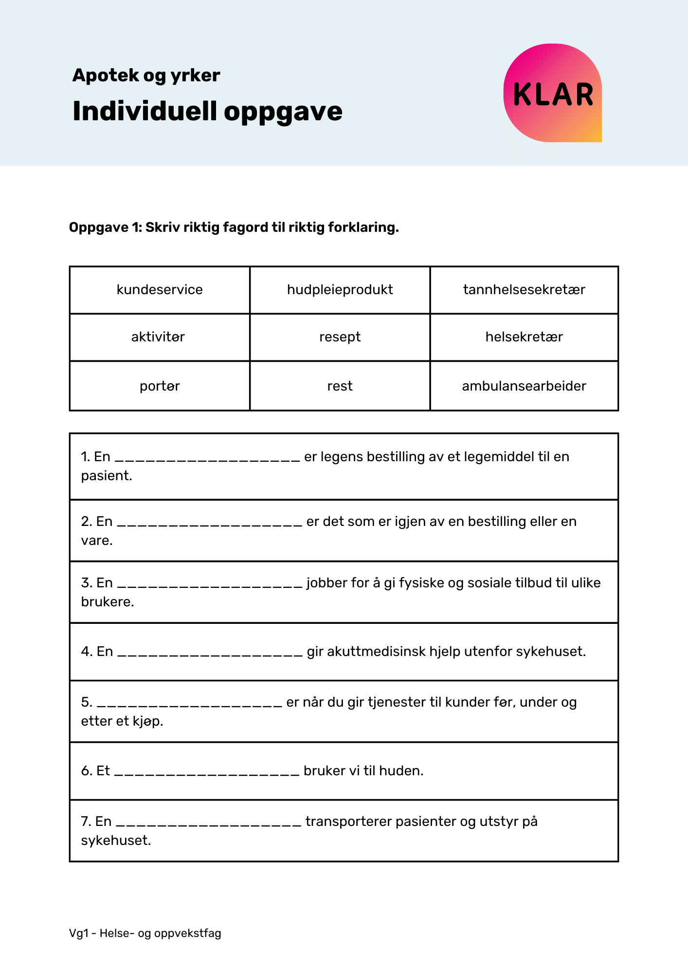 Apotek og yrker - individuell oppgave