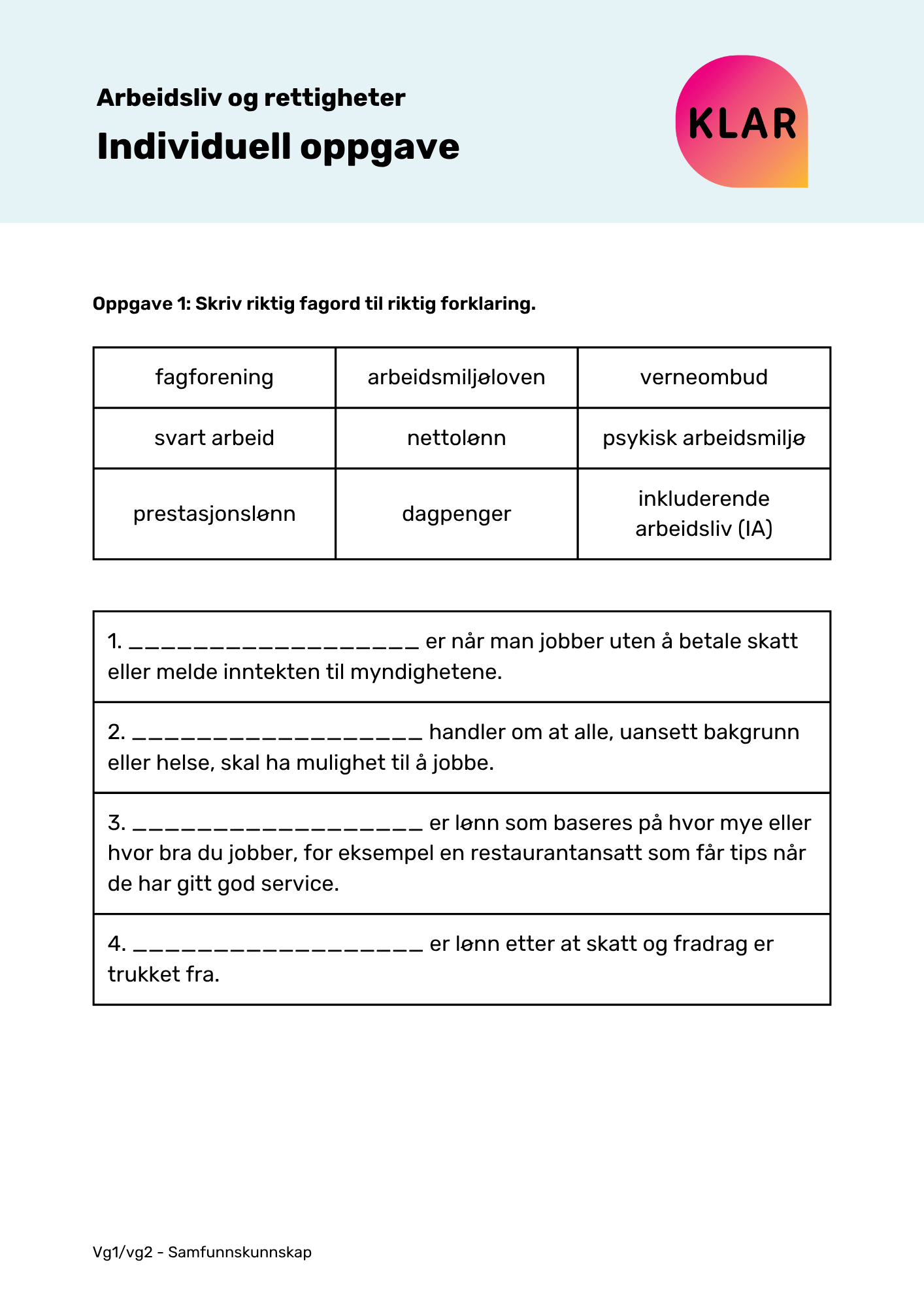 Arbeidsliv og rettigheter - individuell oppgave