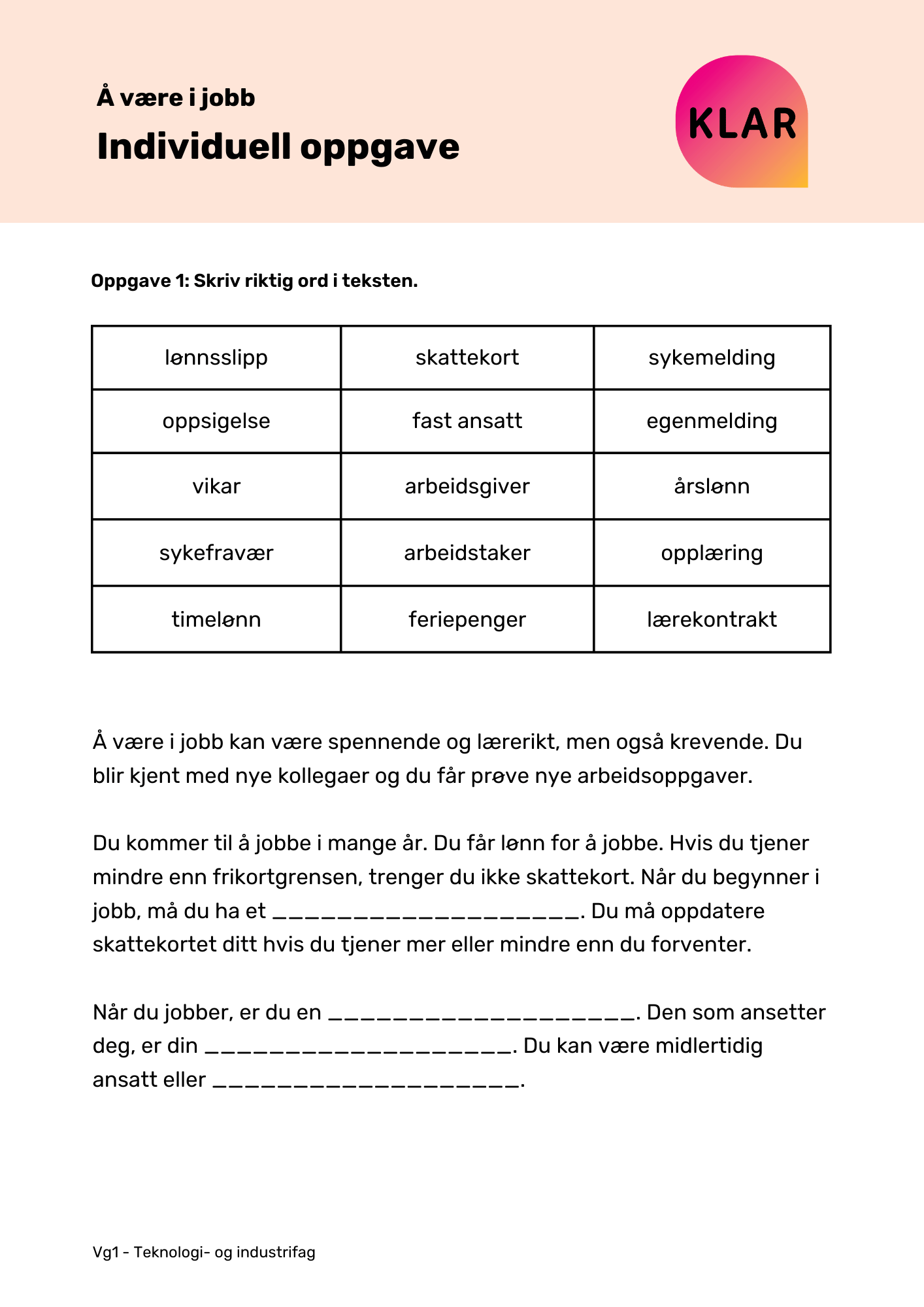 Å være i jobb - Individuell oppgave
