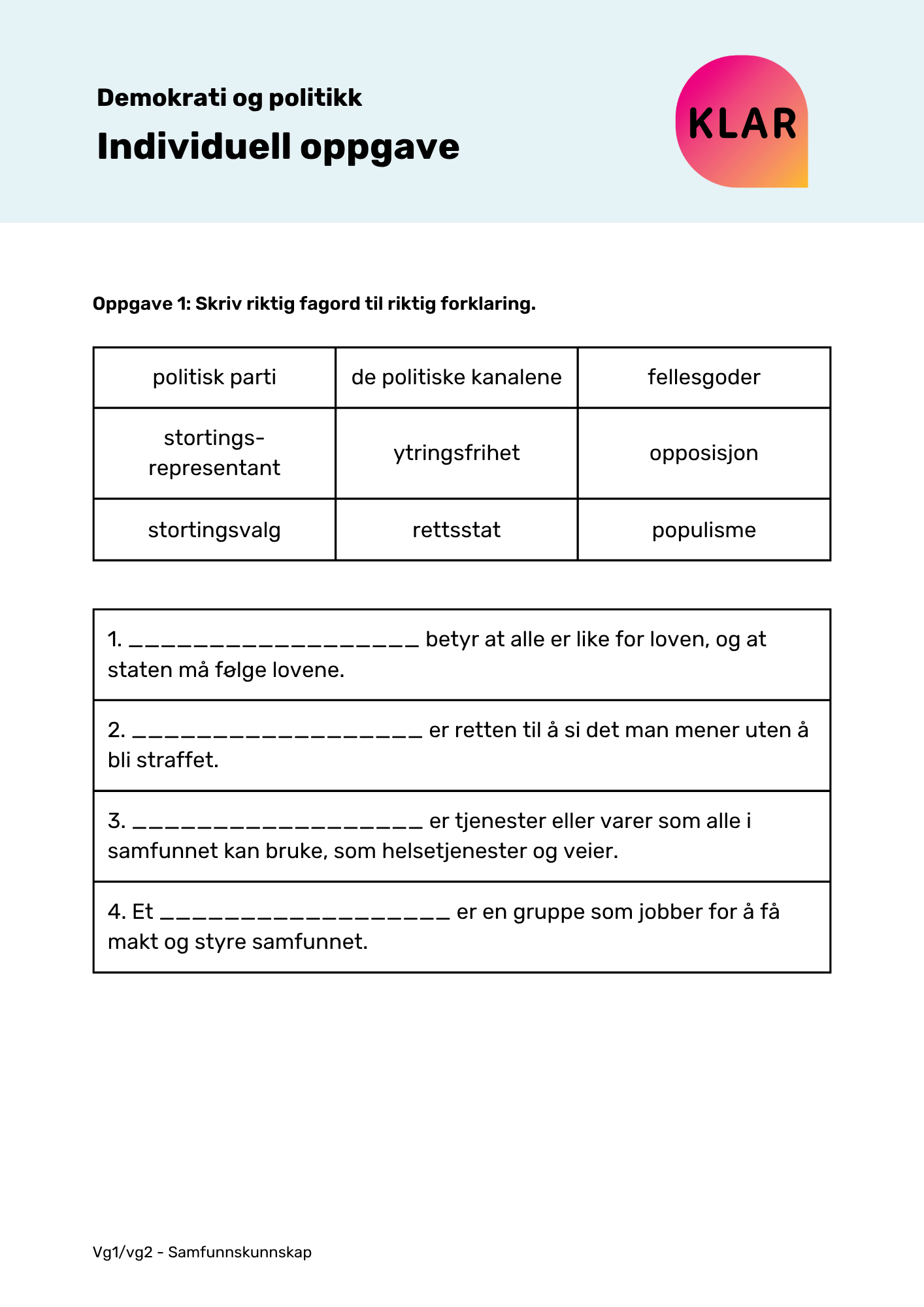 Demokrati og politikk - individuell oppgave
