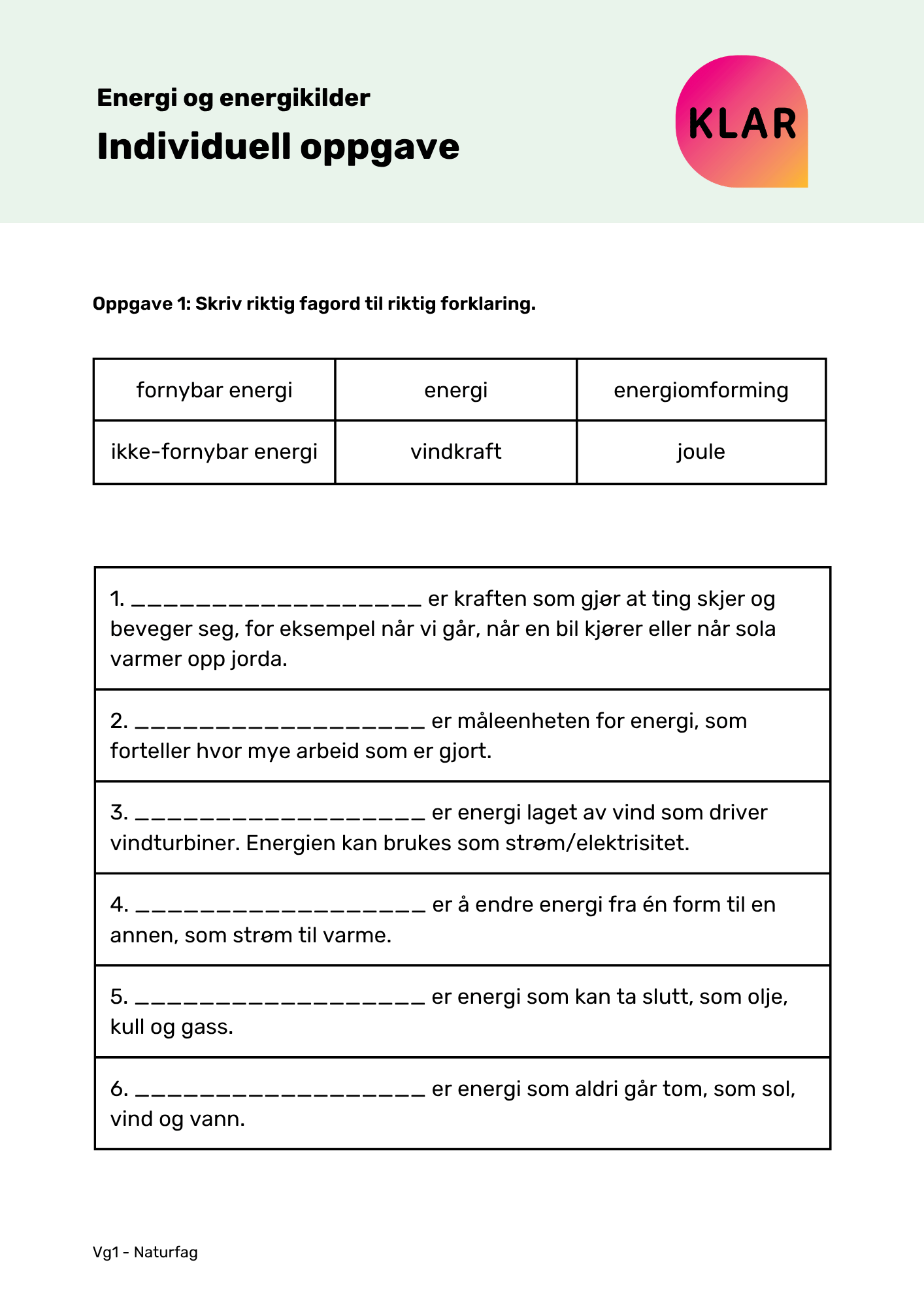 Energi og energikilder - Individuell oppgave