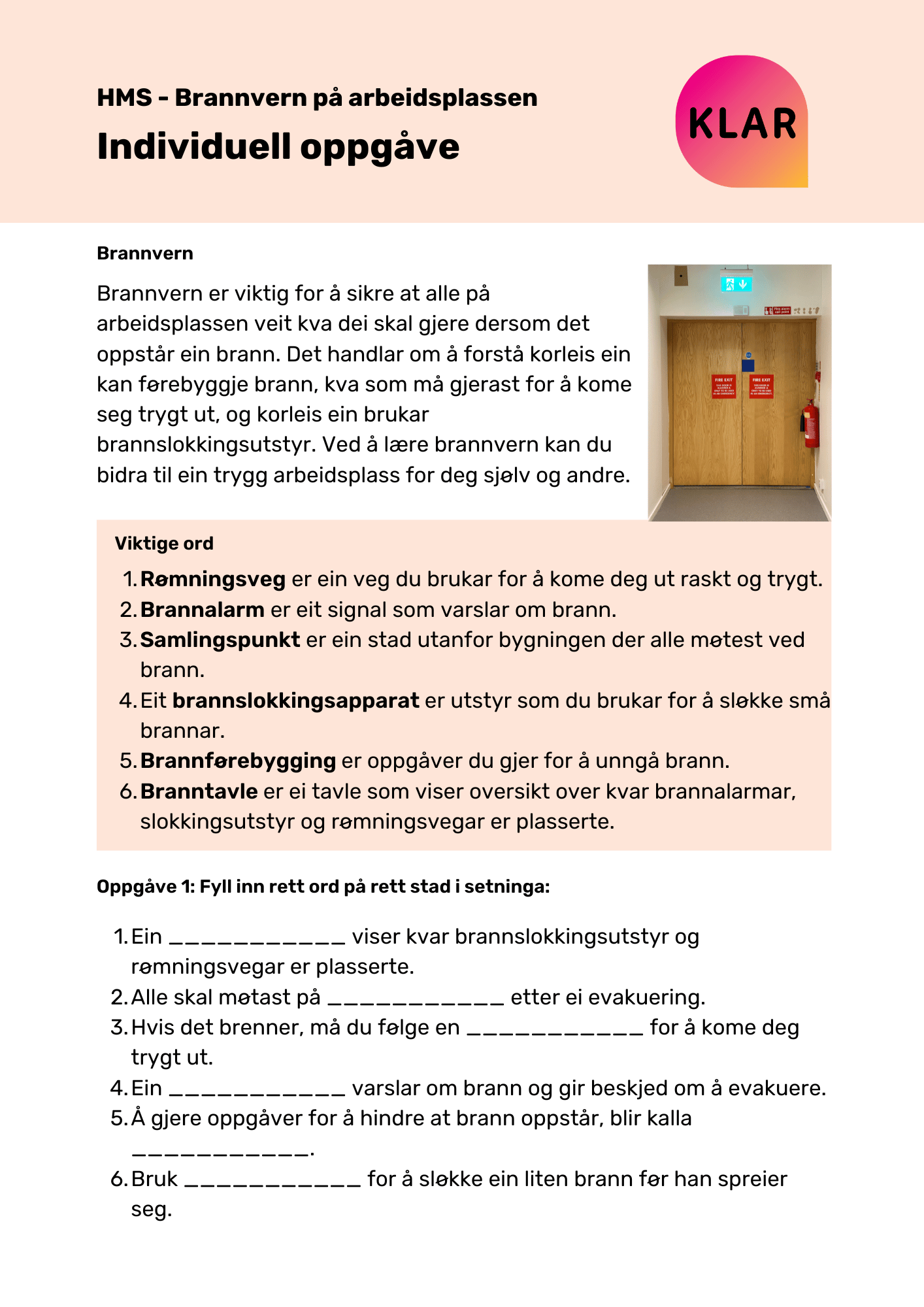 HMS - Brannvern på arbeidsplassen - individuell oppgåve – nynorsk