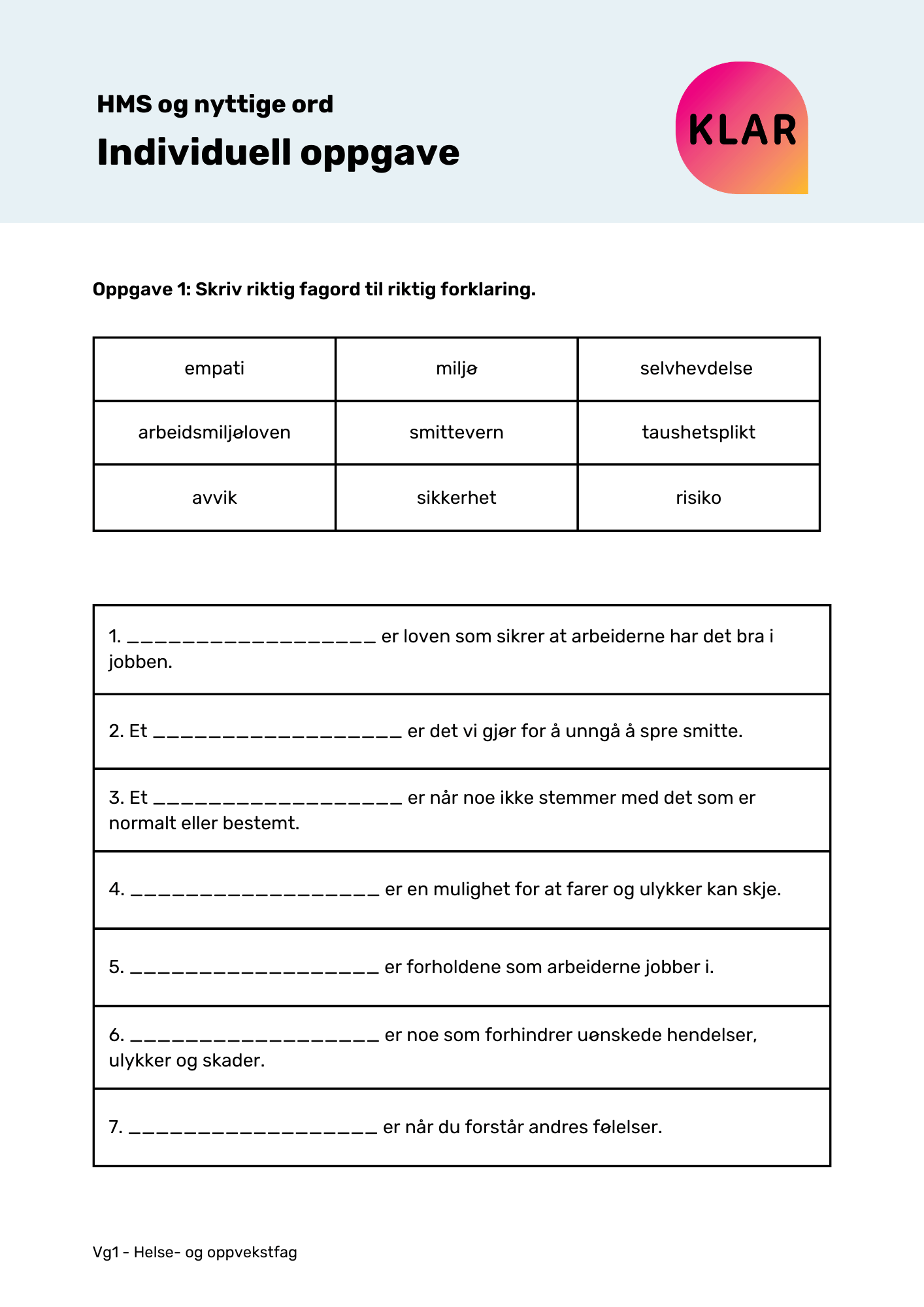 HMS og nyttige ord - individuell oppgave