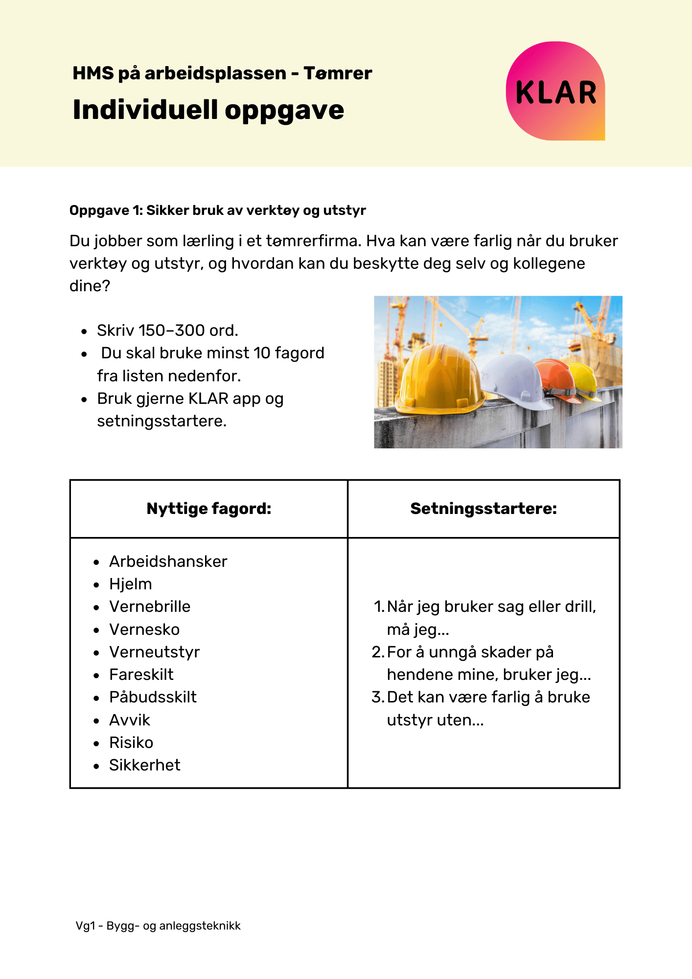 HMS på arbeidsplassen - Tømrer - Individuell oppgave