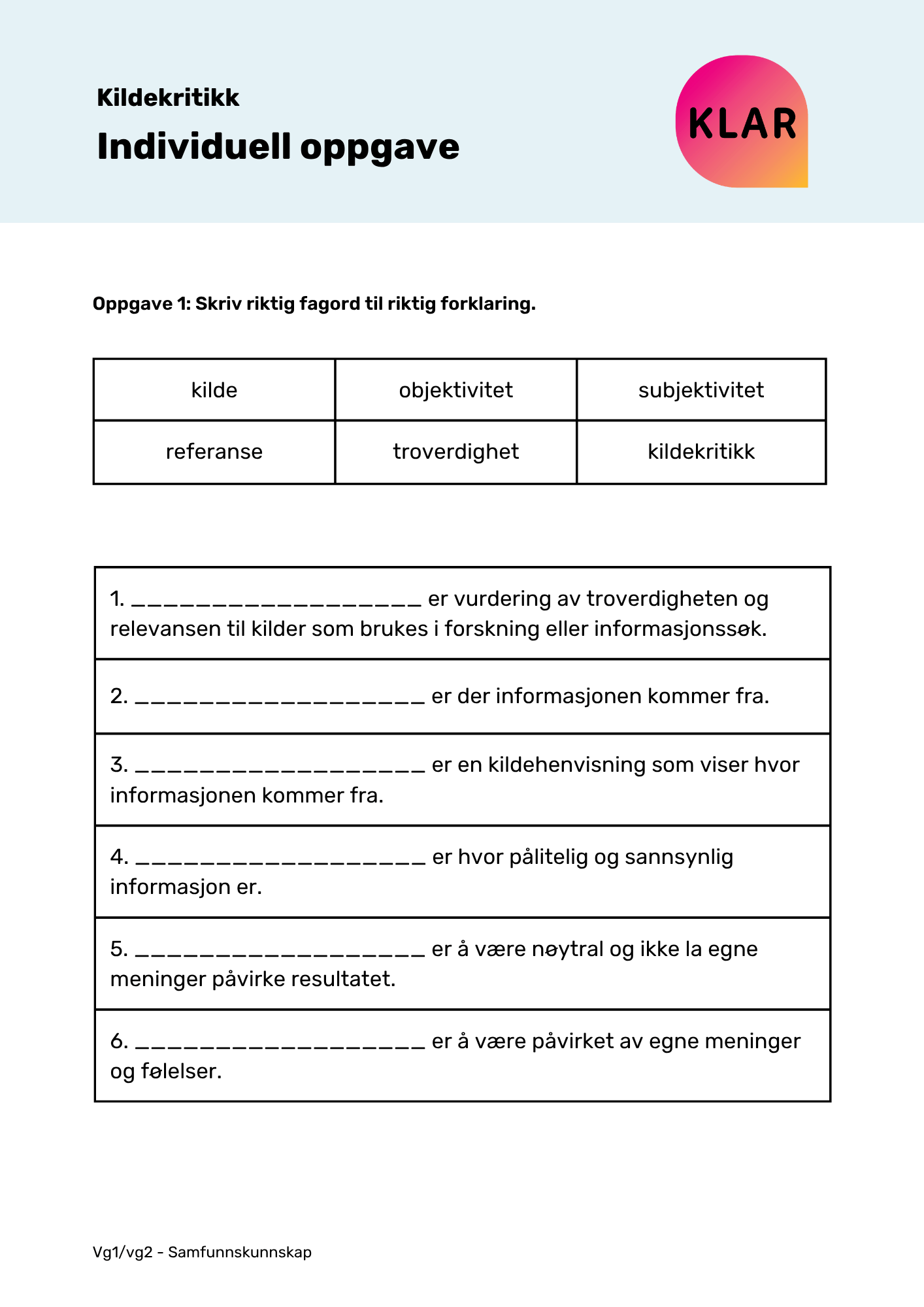 Kildekritikk - individuell oppgave
