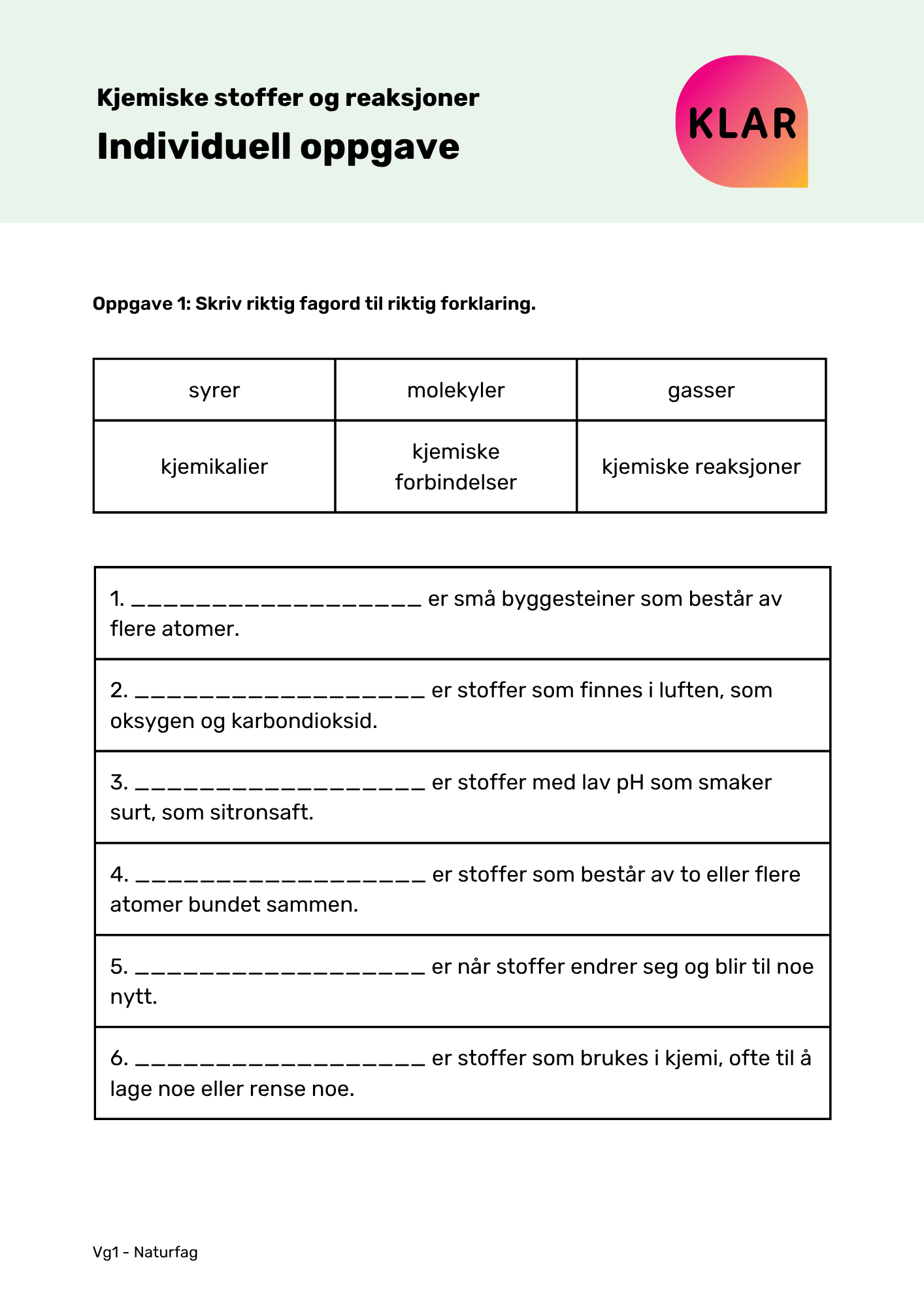 Kjemiske stoffer og reaksjoner - Individuell oppgave
