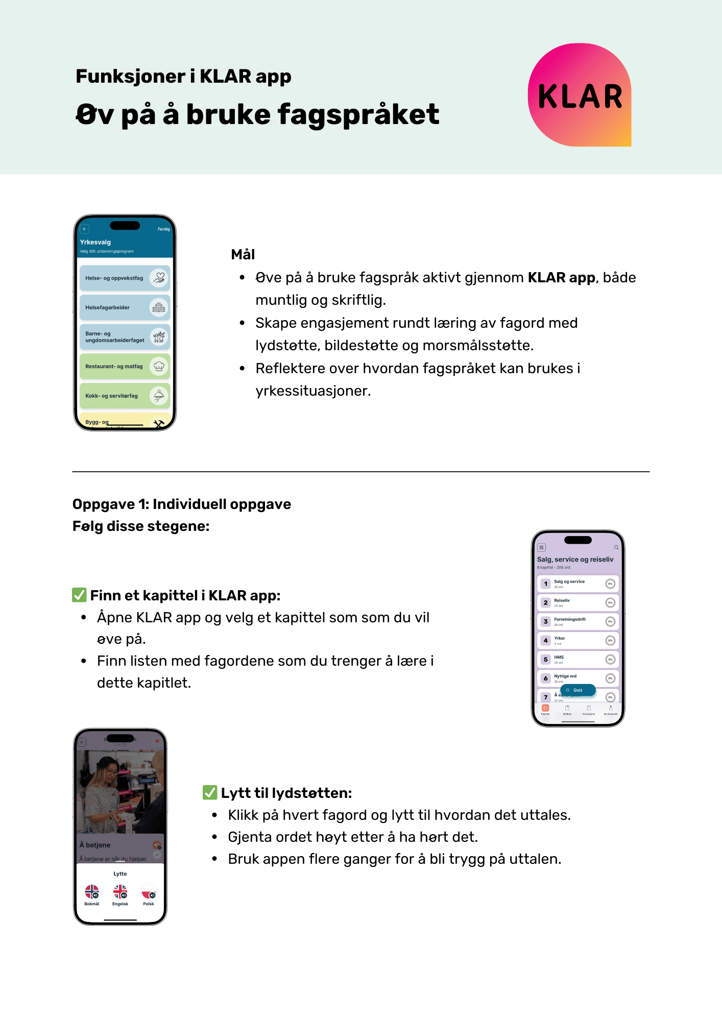 Funksjoner i KLAR app - øv på å bruke fagspråket