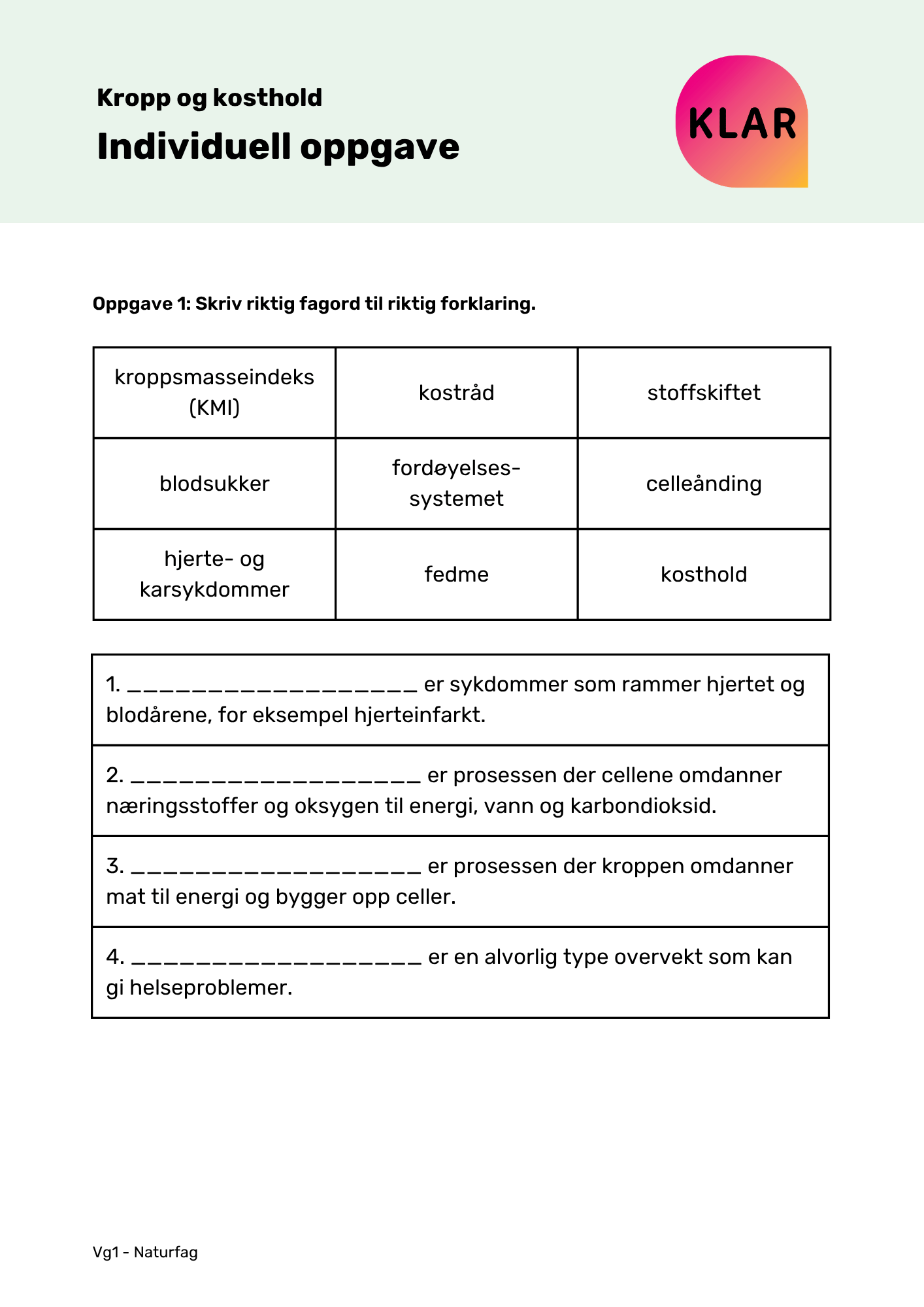 Kropp og kosthold - Individuell oppgave