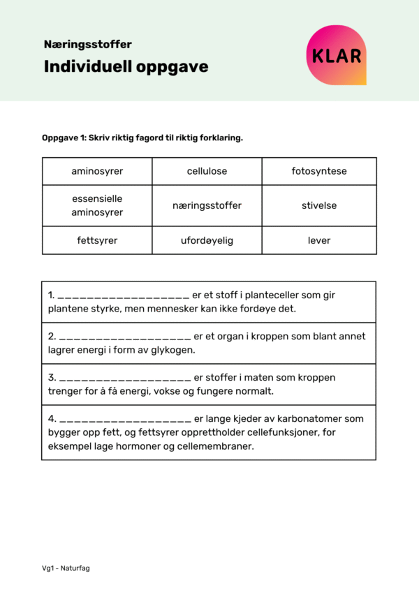 Næringsstoffer - Individuell oppgave