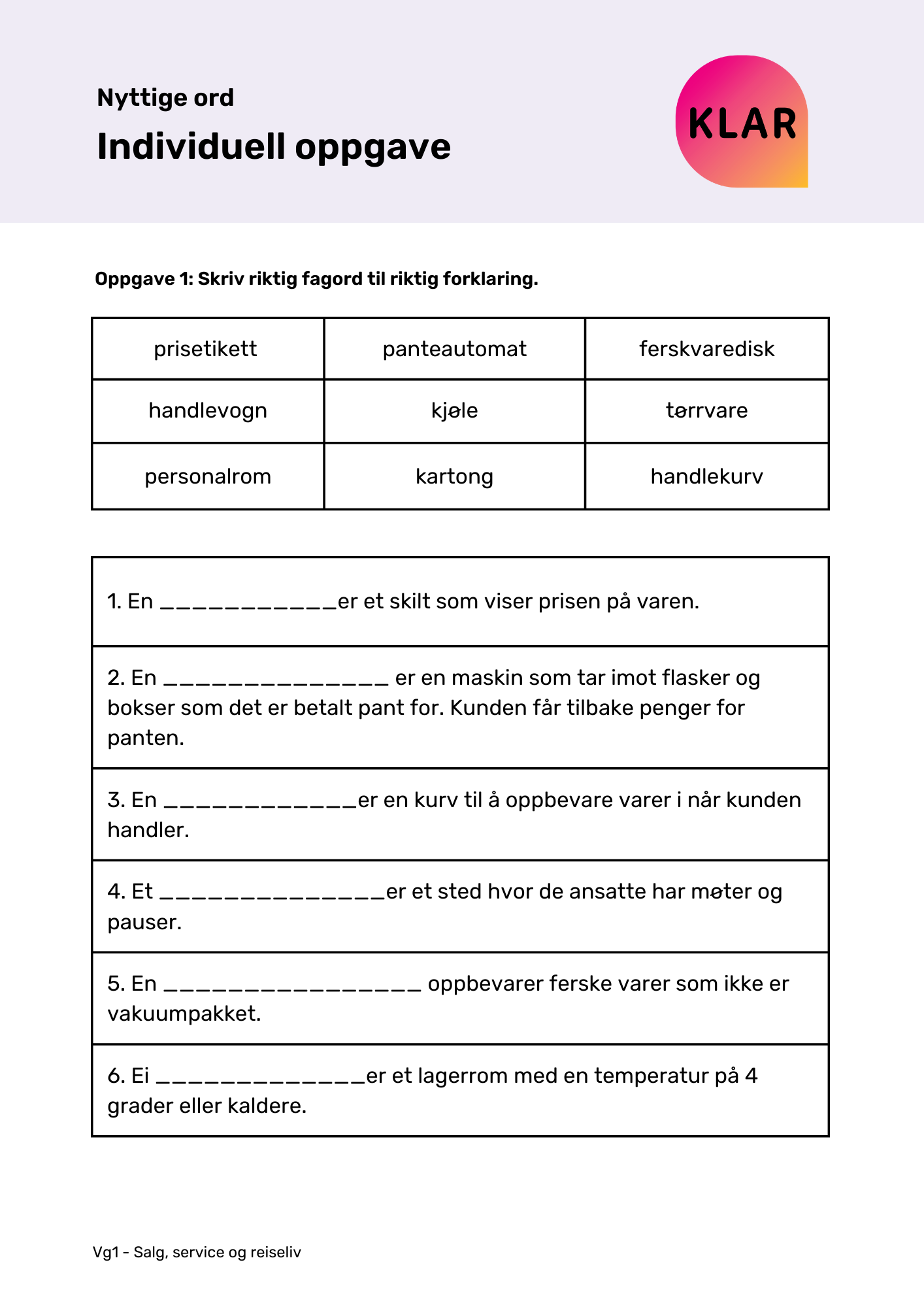 Nyttige ord - individuell oppgave