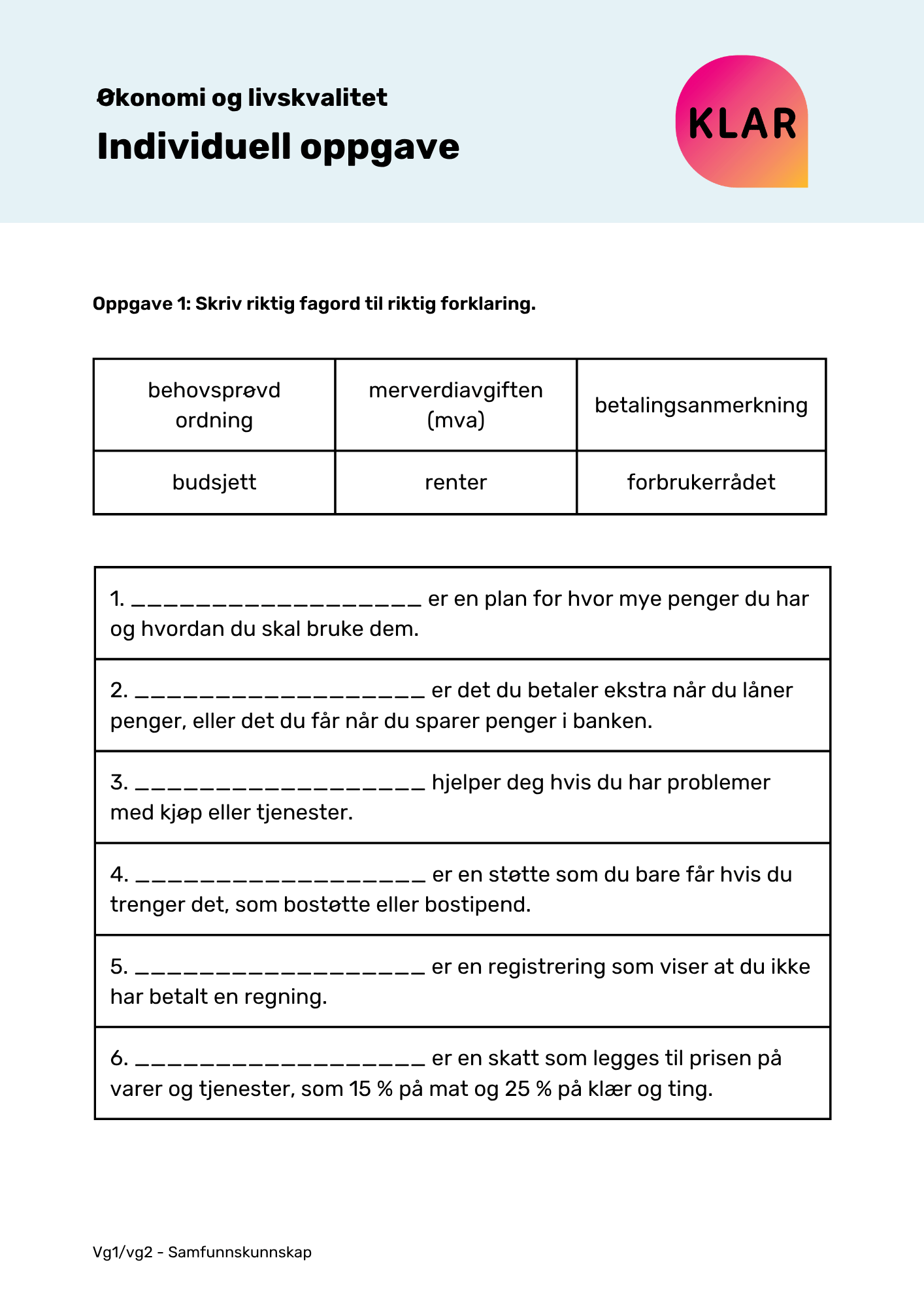 Økonomi og livskvalitet - individuell oppgave
