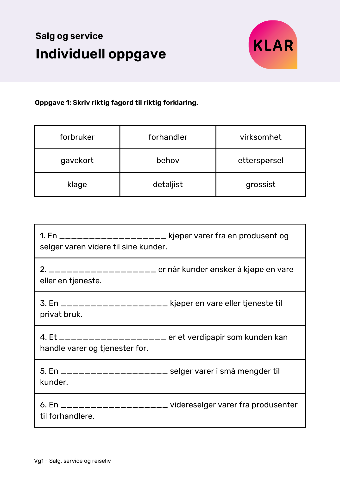 Salg og service - individuell oppgave