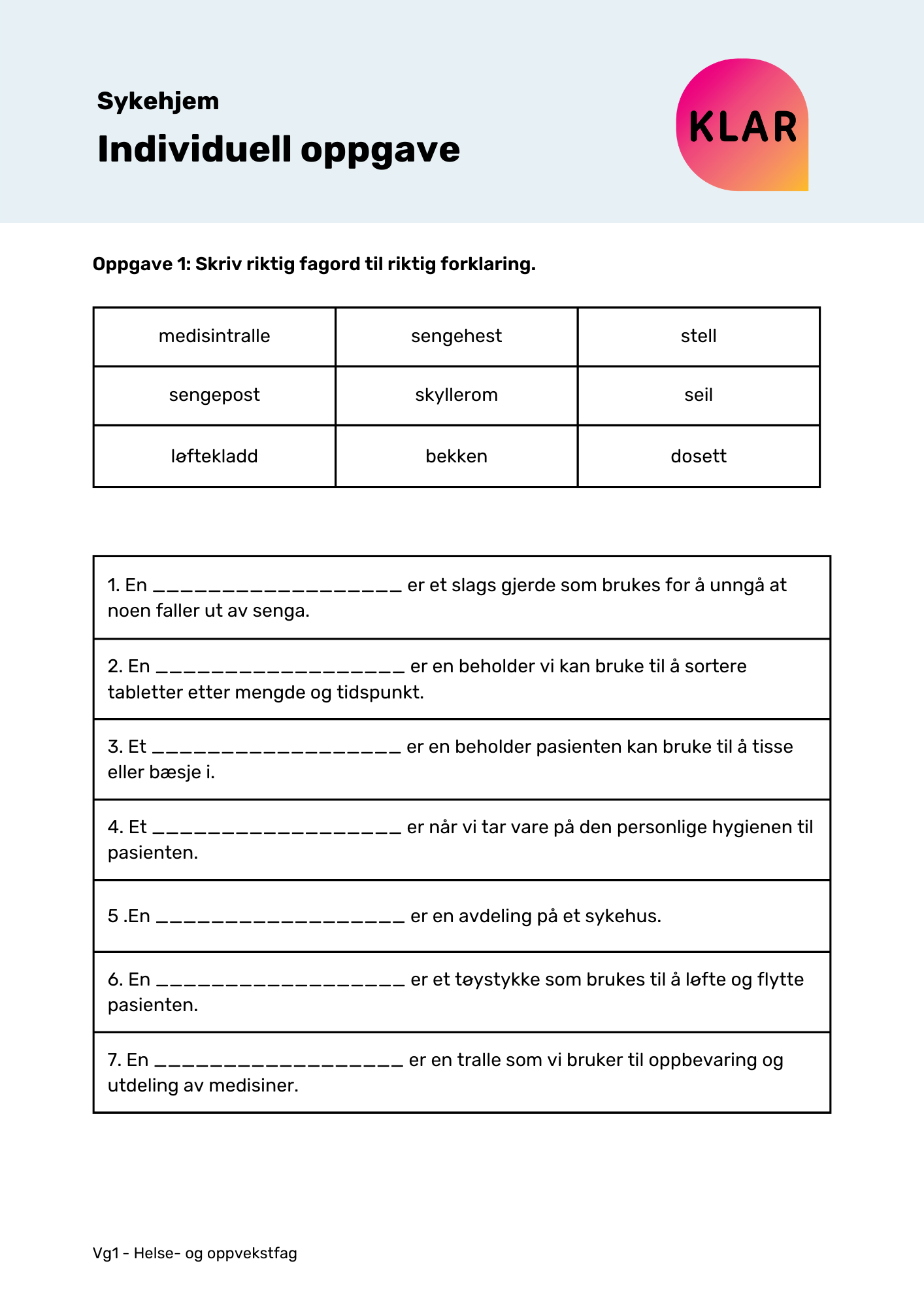 Sykehjem - individuell oppgave
