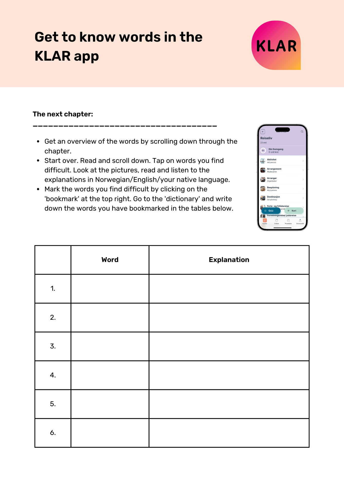 Get to know words in the KLAR app