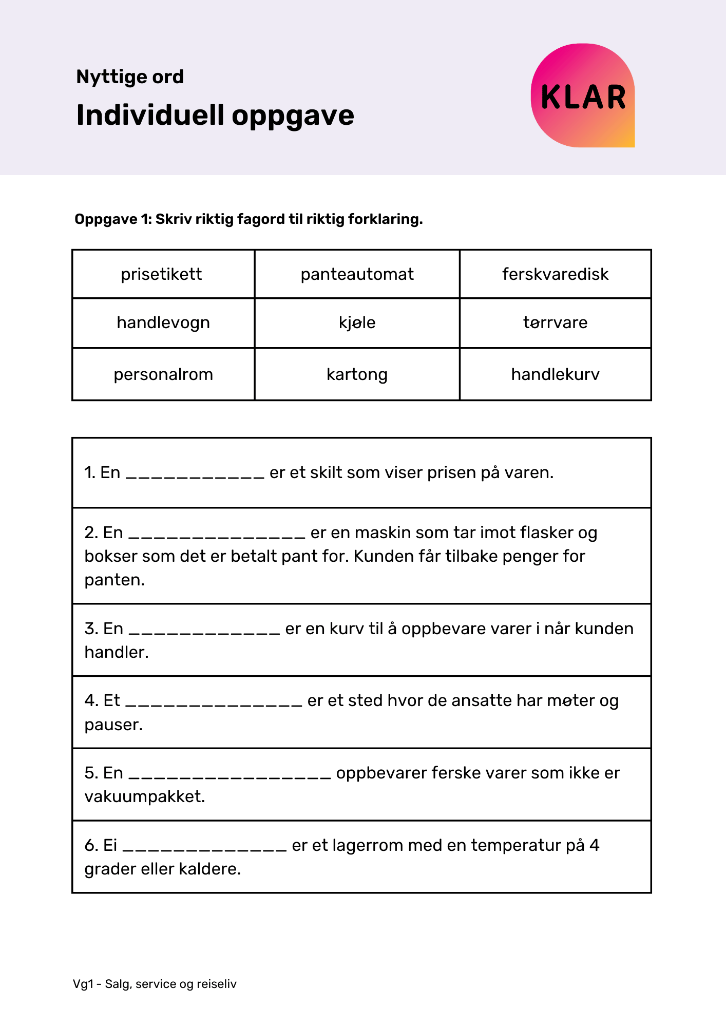 Nyttige ord - individuell oppgave