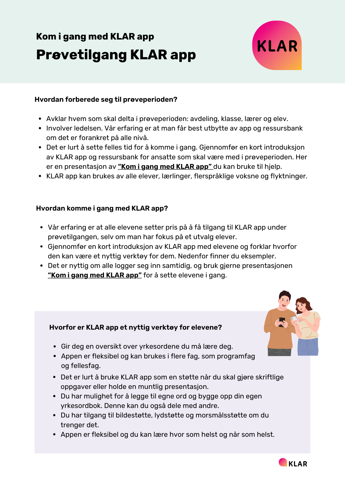 Prøvetilgang KLAR app og ressursbank (feide)