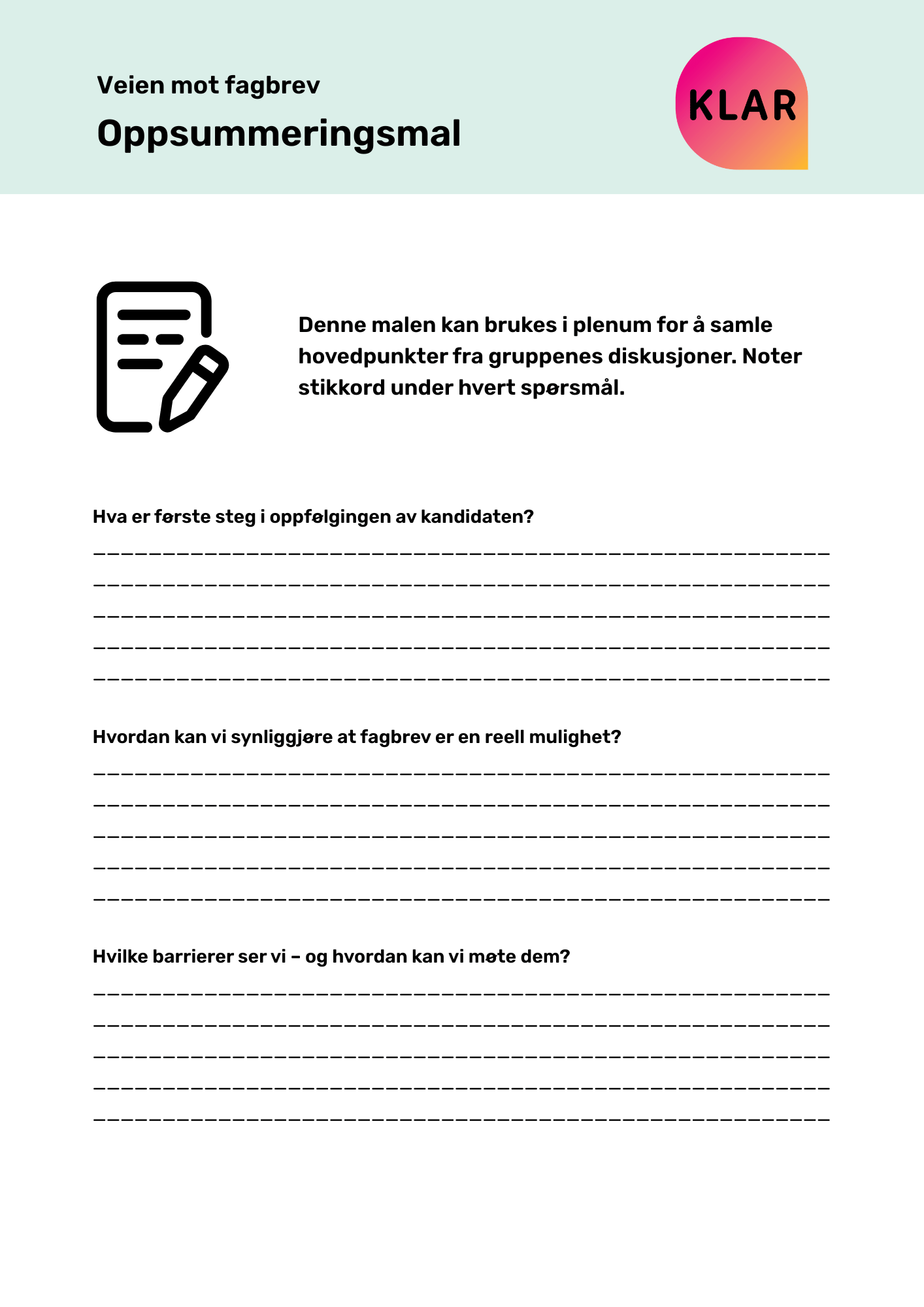 Veien mot fagbrev – Oppsummeringsmal