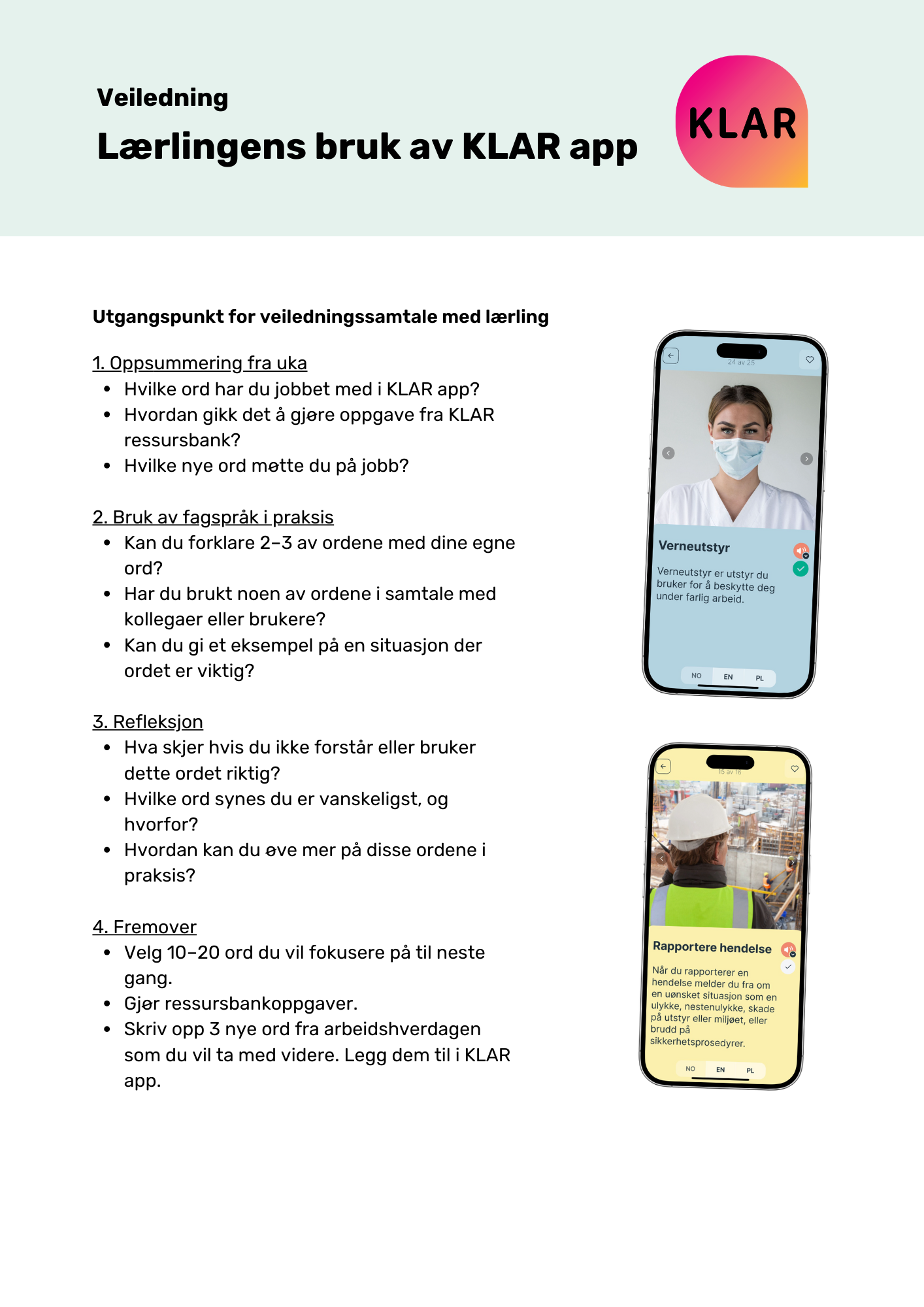 Veiledning - Lærlingens bruk av KLAR app