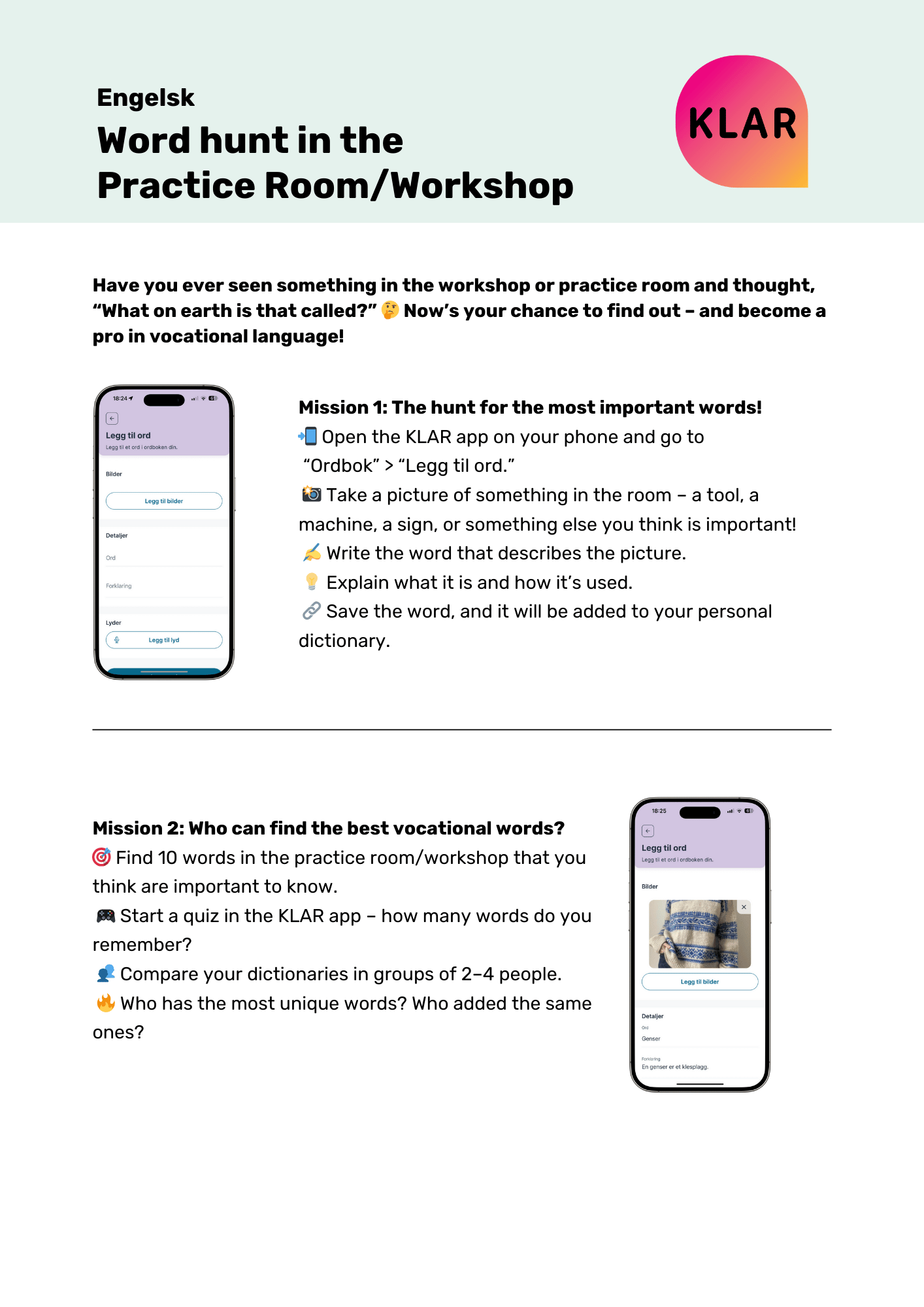 Word hunt in the Practice Room/Workshop
