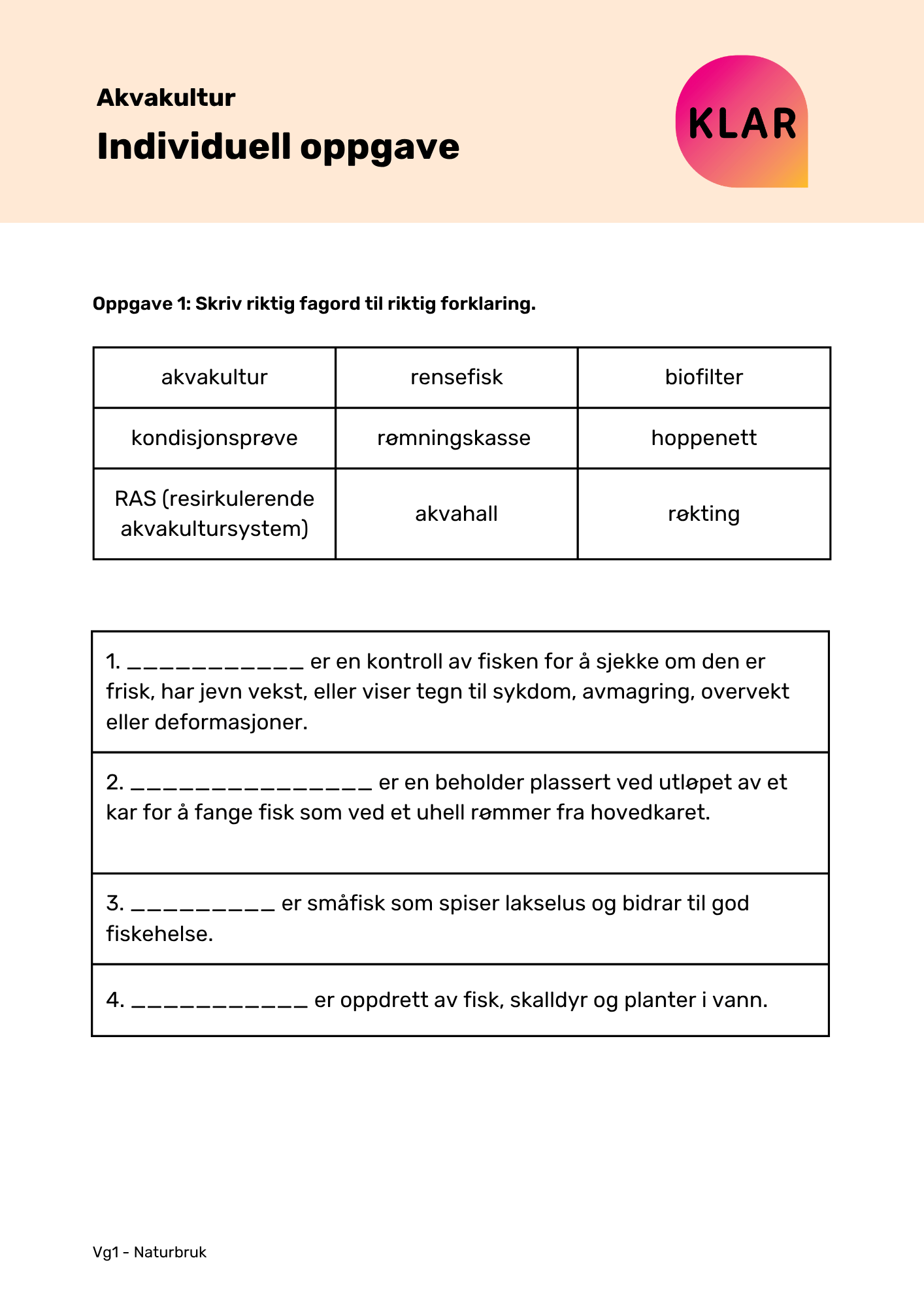 Akvakultur - individuell oppgave