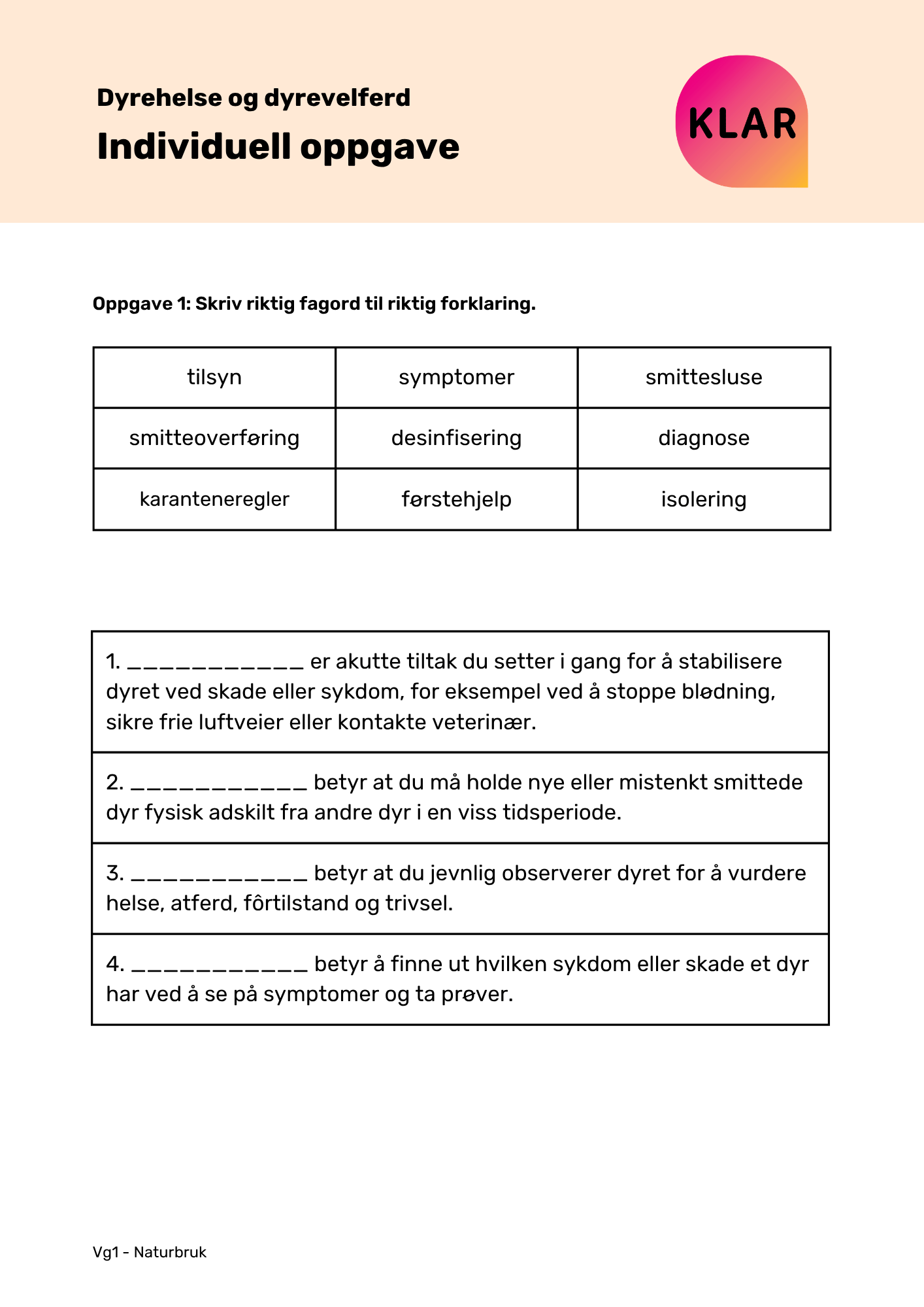 Dyrehelse og dyrevelferd - individuell oppgave
