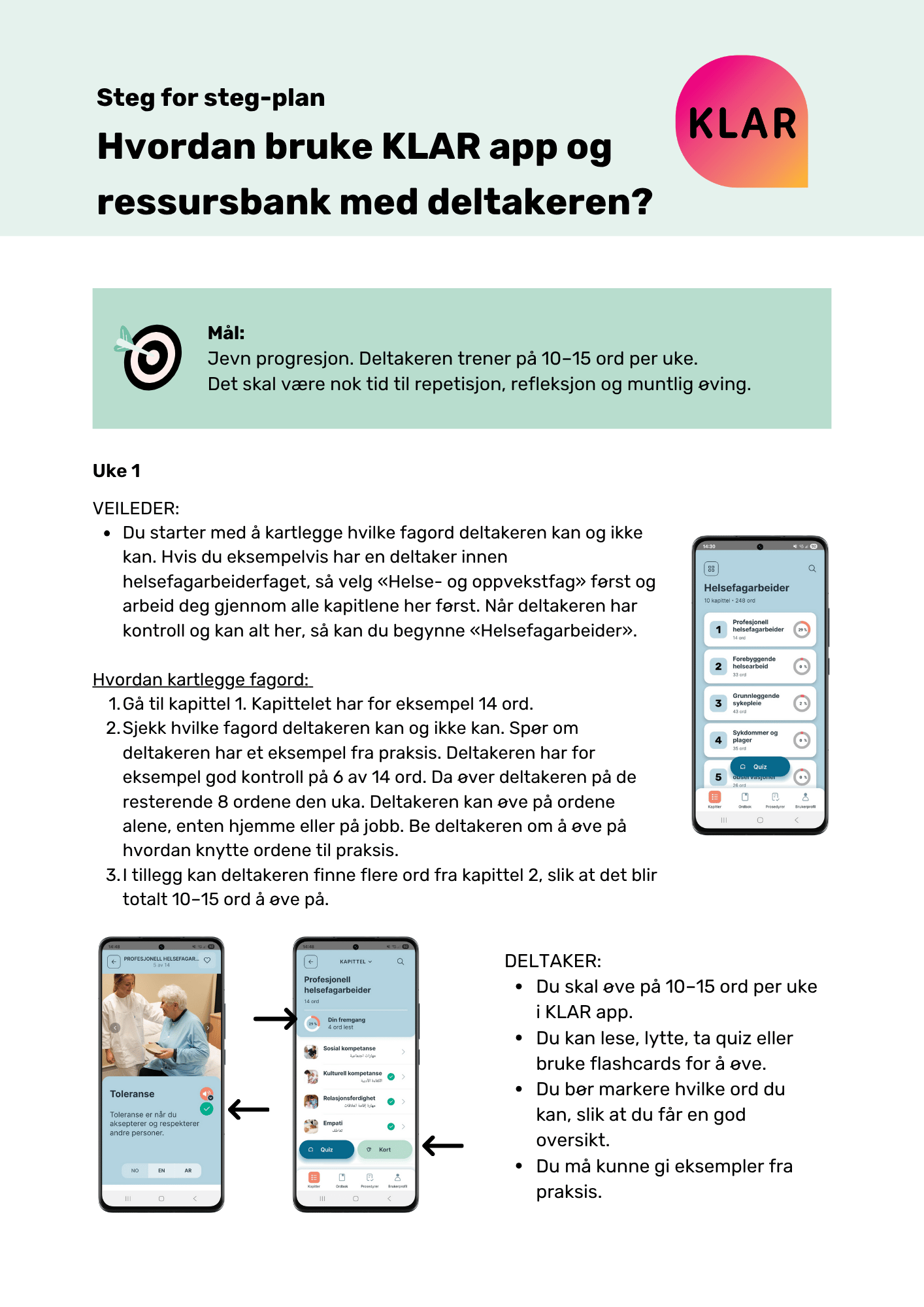 Steg for steg-plan Hvordan bruke KLAR app og ressursbank med deltakeren