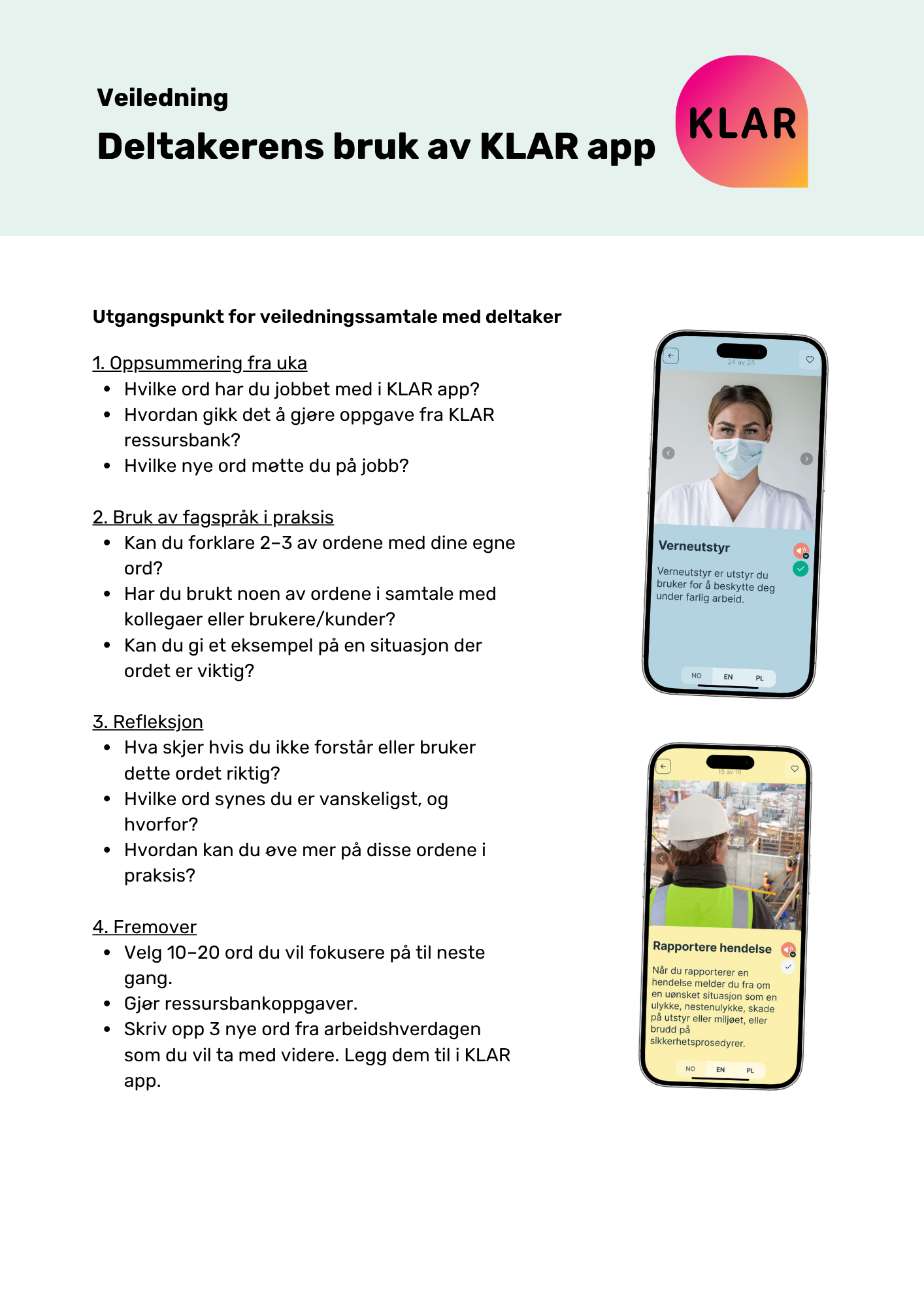 Veiledning - Deltakerens bruk av KLAR app