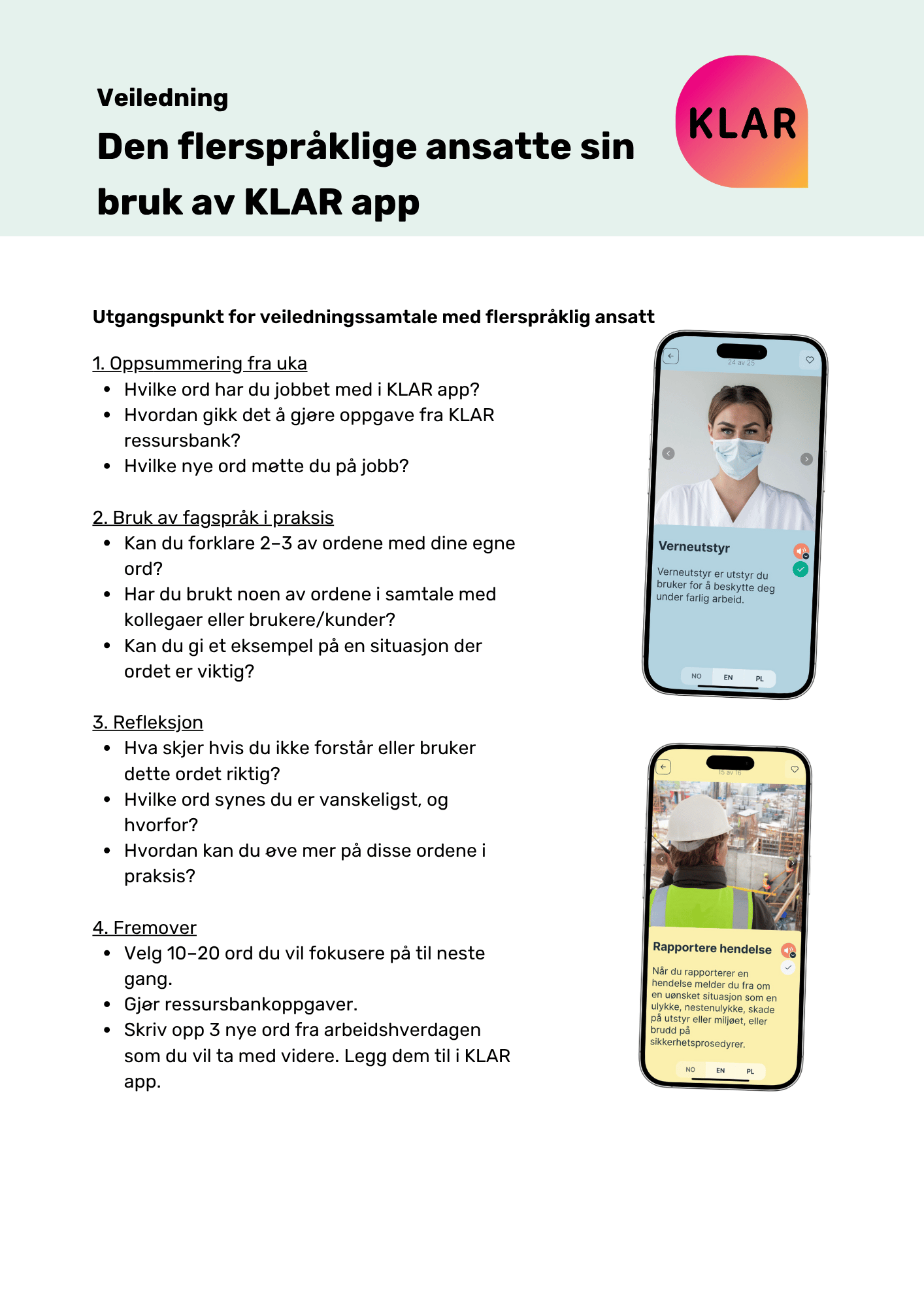 Veiledning - Den flerspråklige ansatte sin bruk av KLAR app