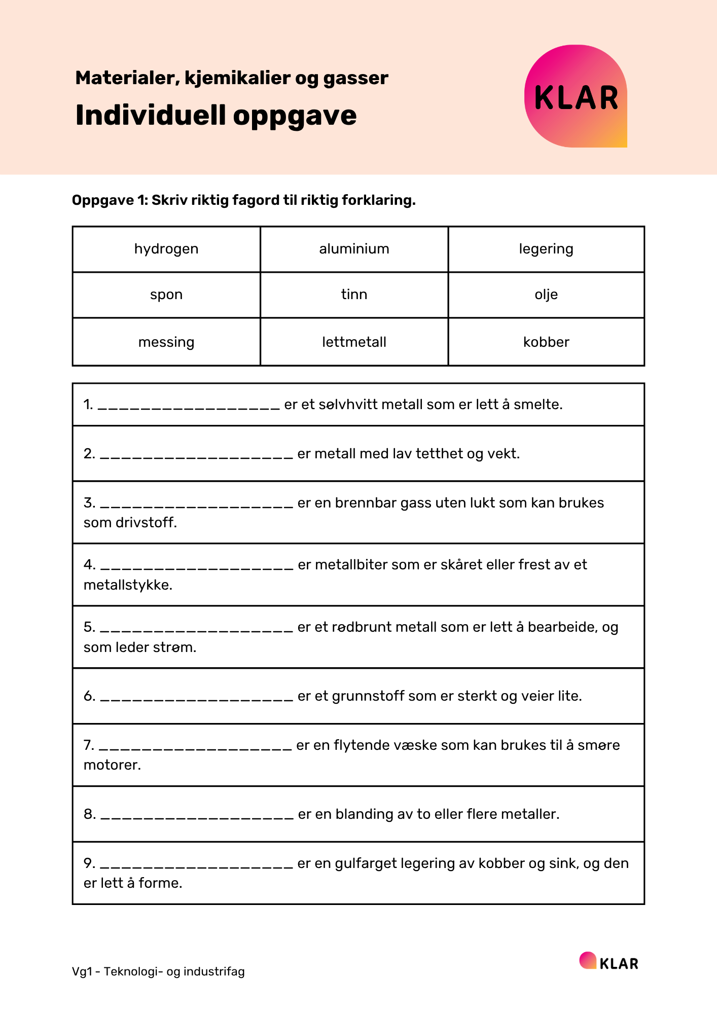 Materialer, kjemikalier og gasser - individuell oppgave