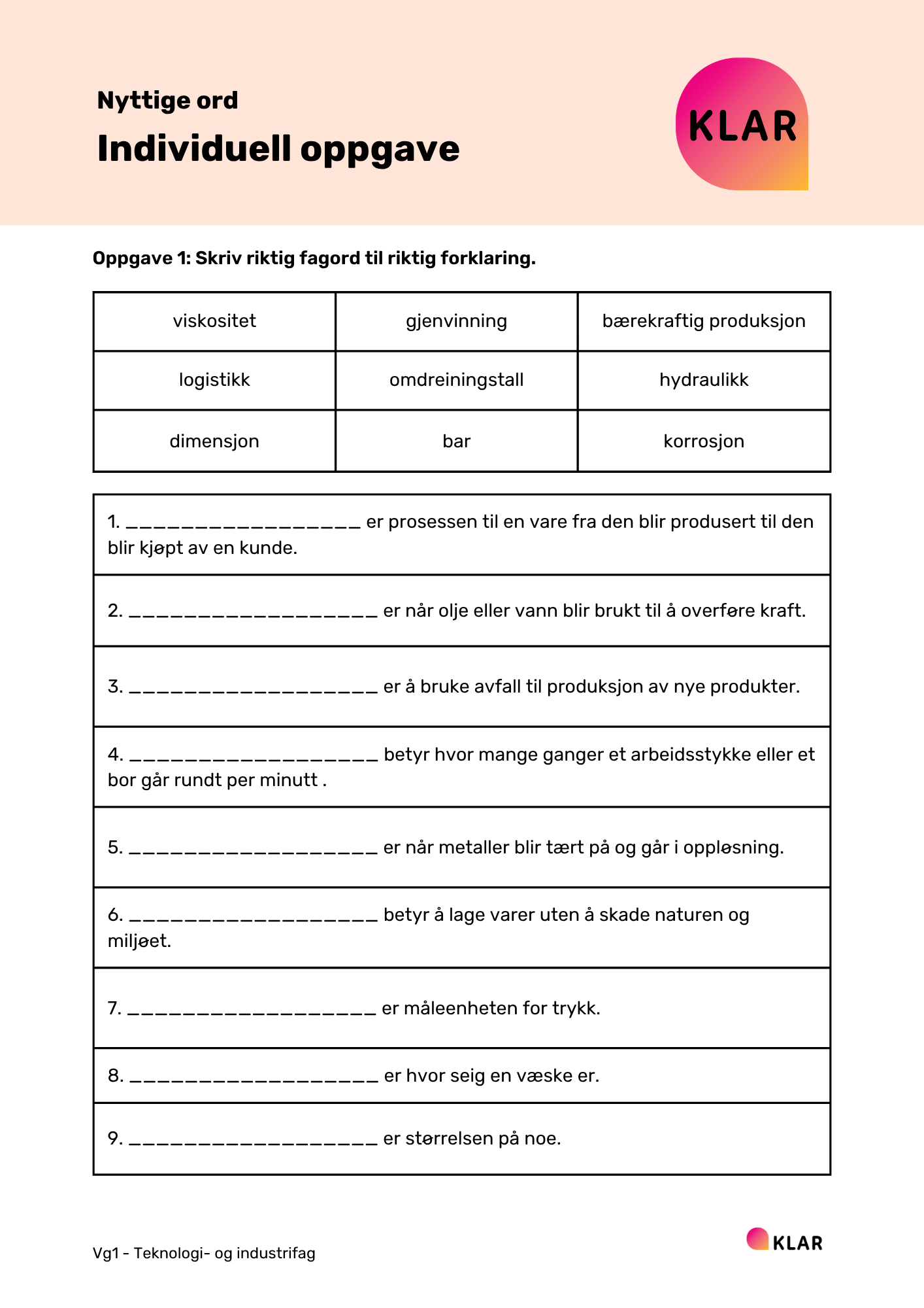 Nyttige ord - individuell oppgave