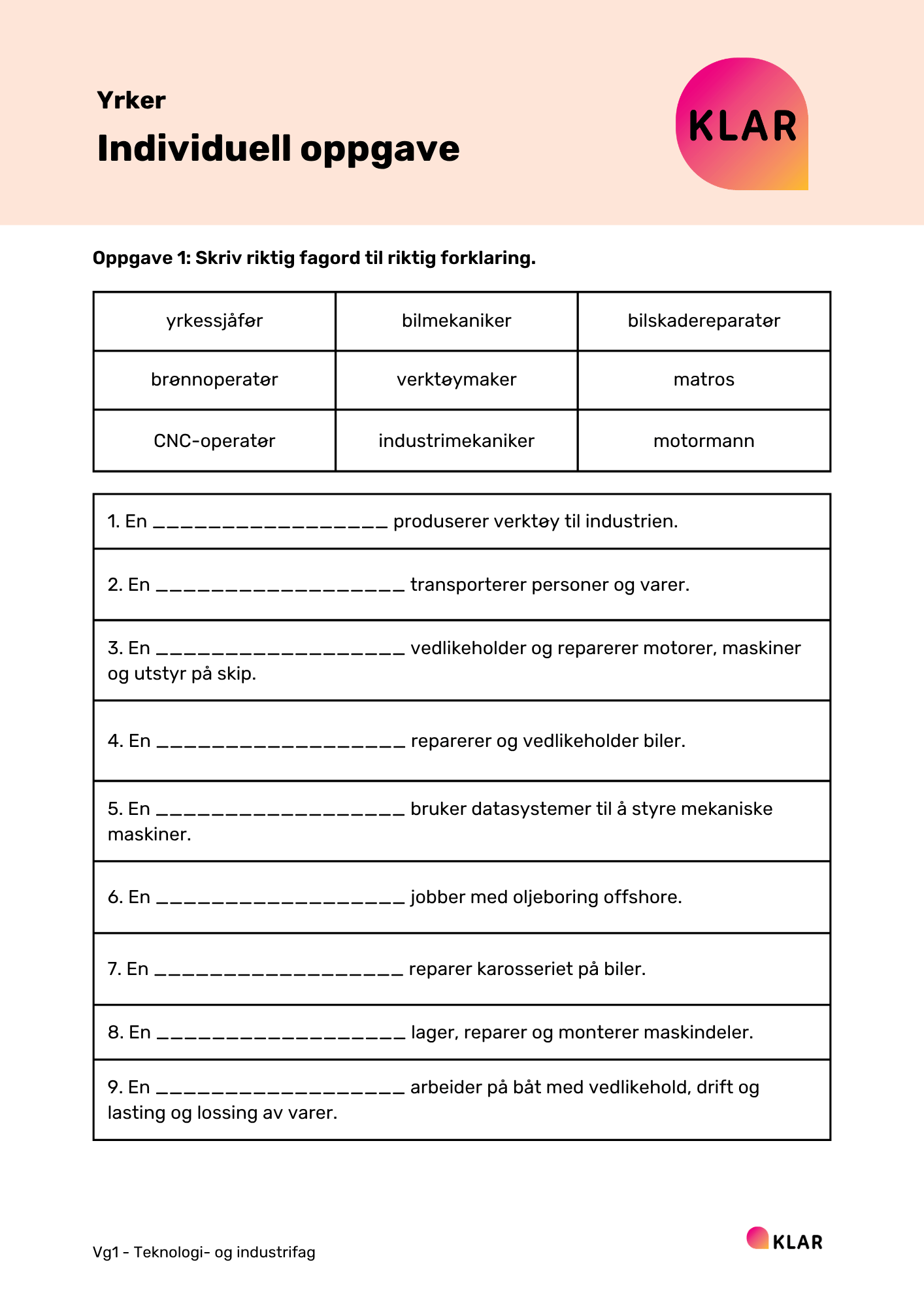 Yrker - individuell oppgave