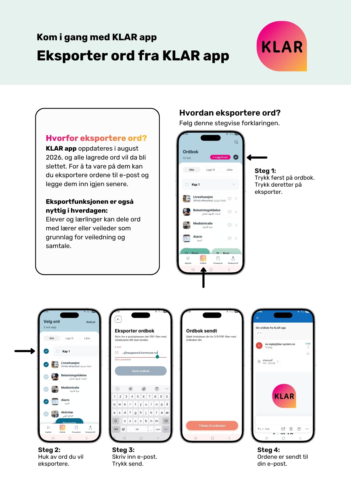 Eksportere ord ut av KLAR app