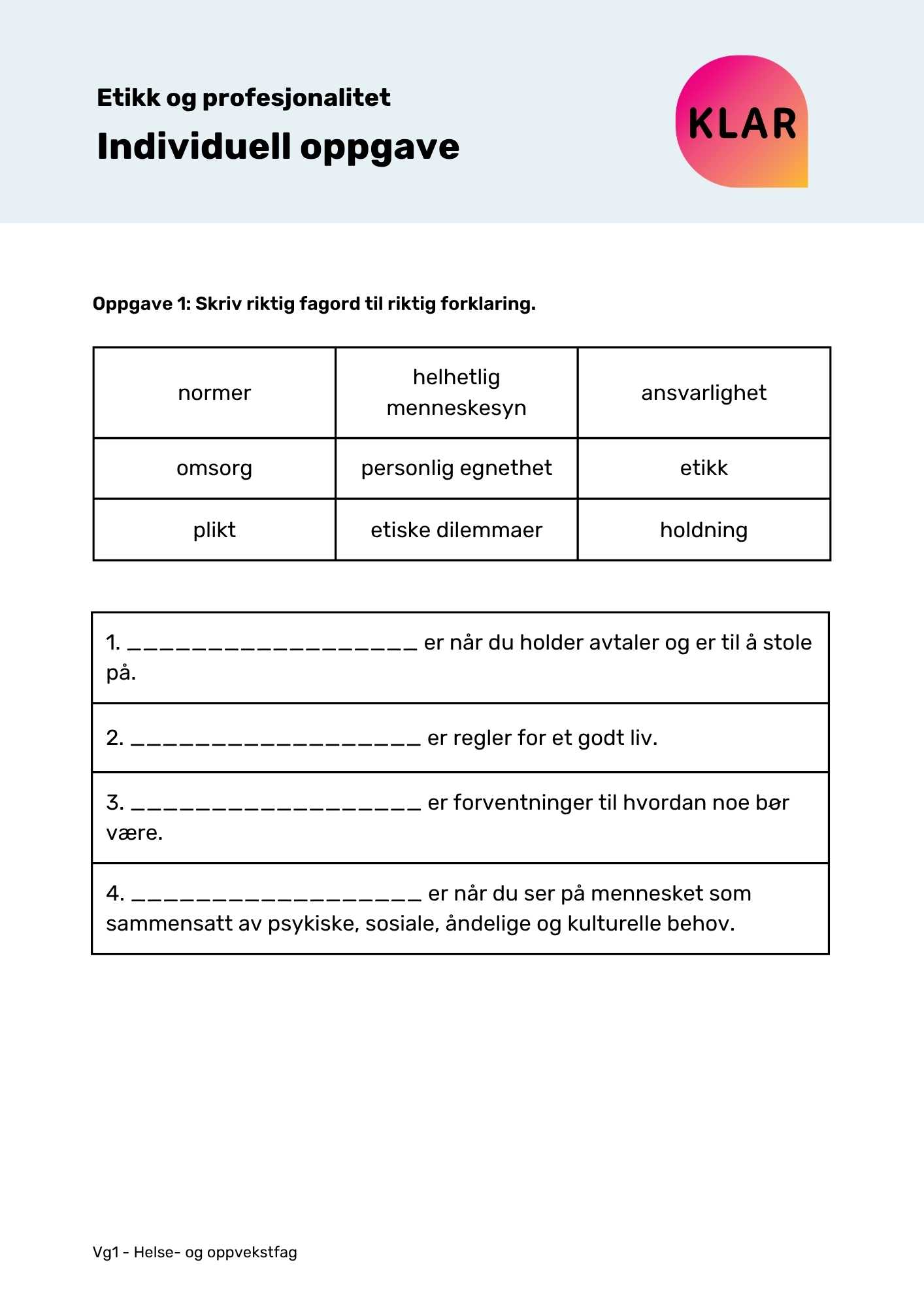 Etikk og profesjonalitet - Individuell oppgave
