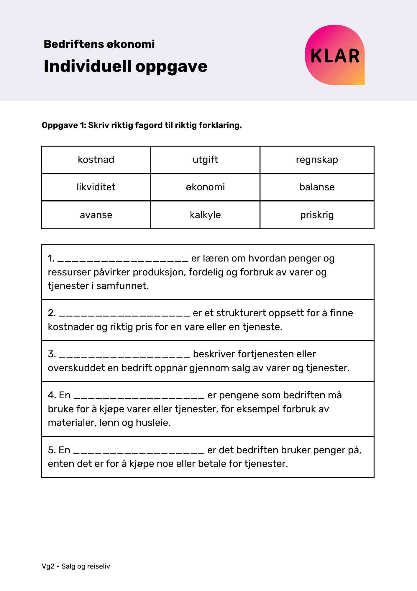 Bedriftens økonomi - individuell oppgave