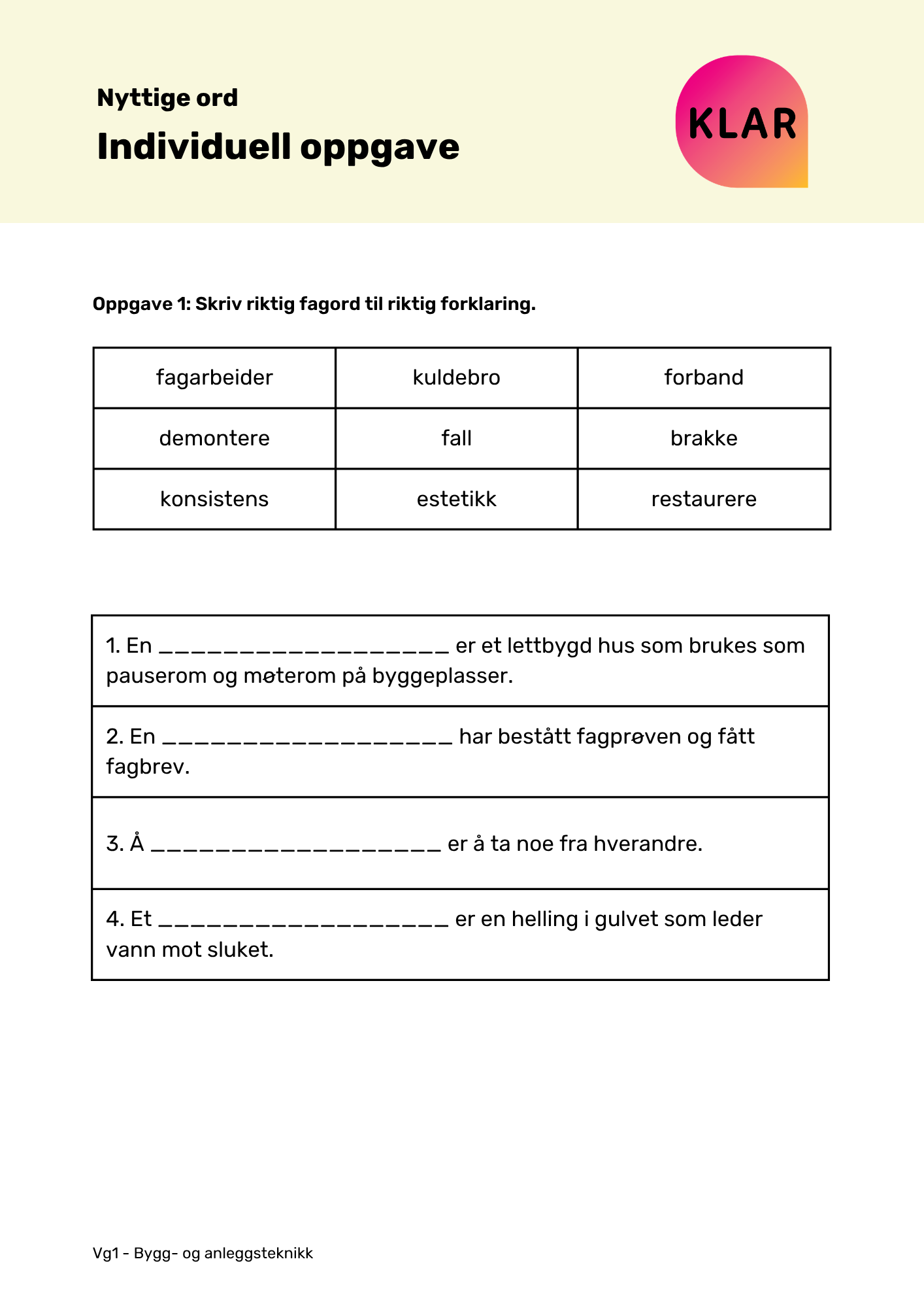 Nyttige ord - individuell oppgave