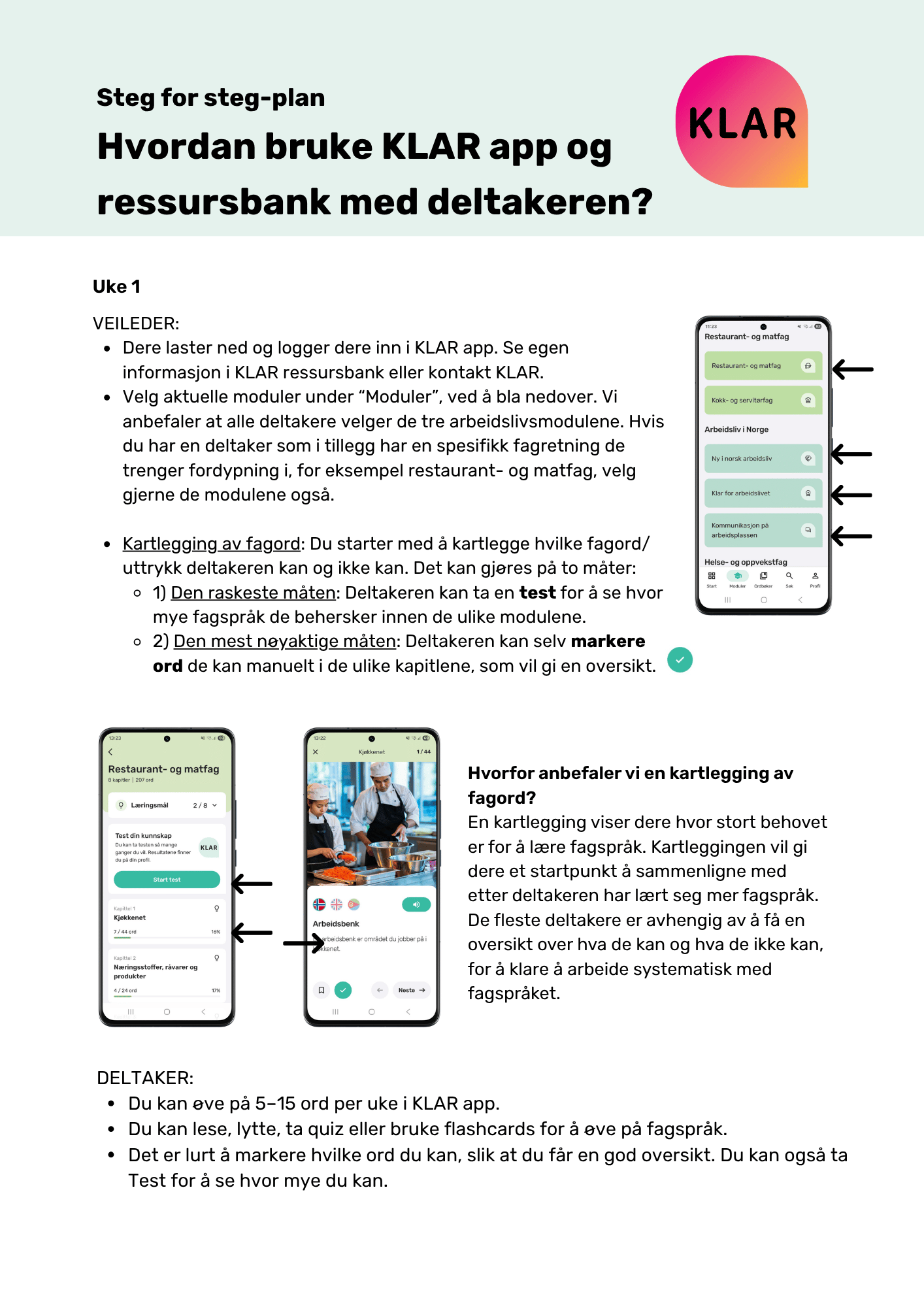 Steg for steg-plan Hvordan bruke KLAR app og ressursbank med deltakeren