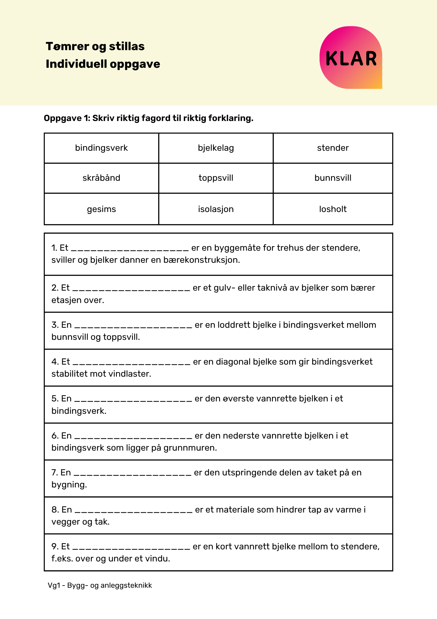 Tømrer og stillas - individuell oppgave