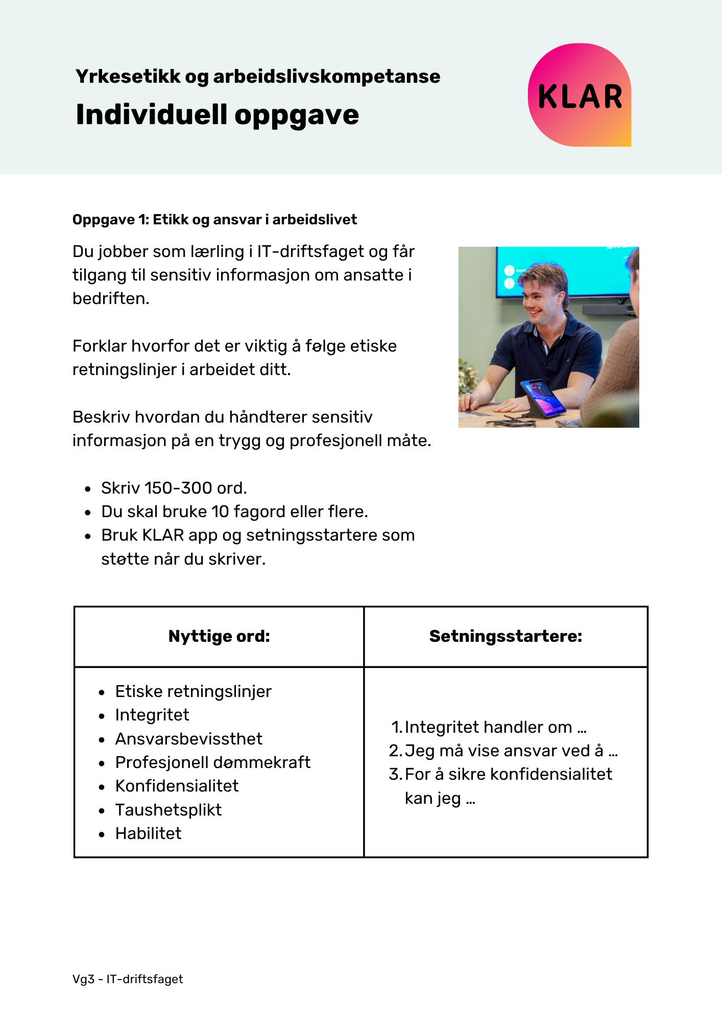 Yrkesetikk og arbeidslivskompetanse - individuell oppgave