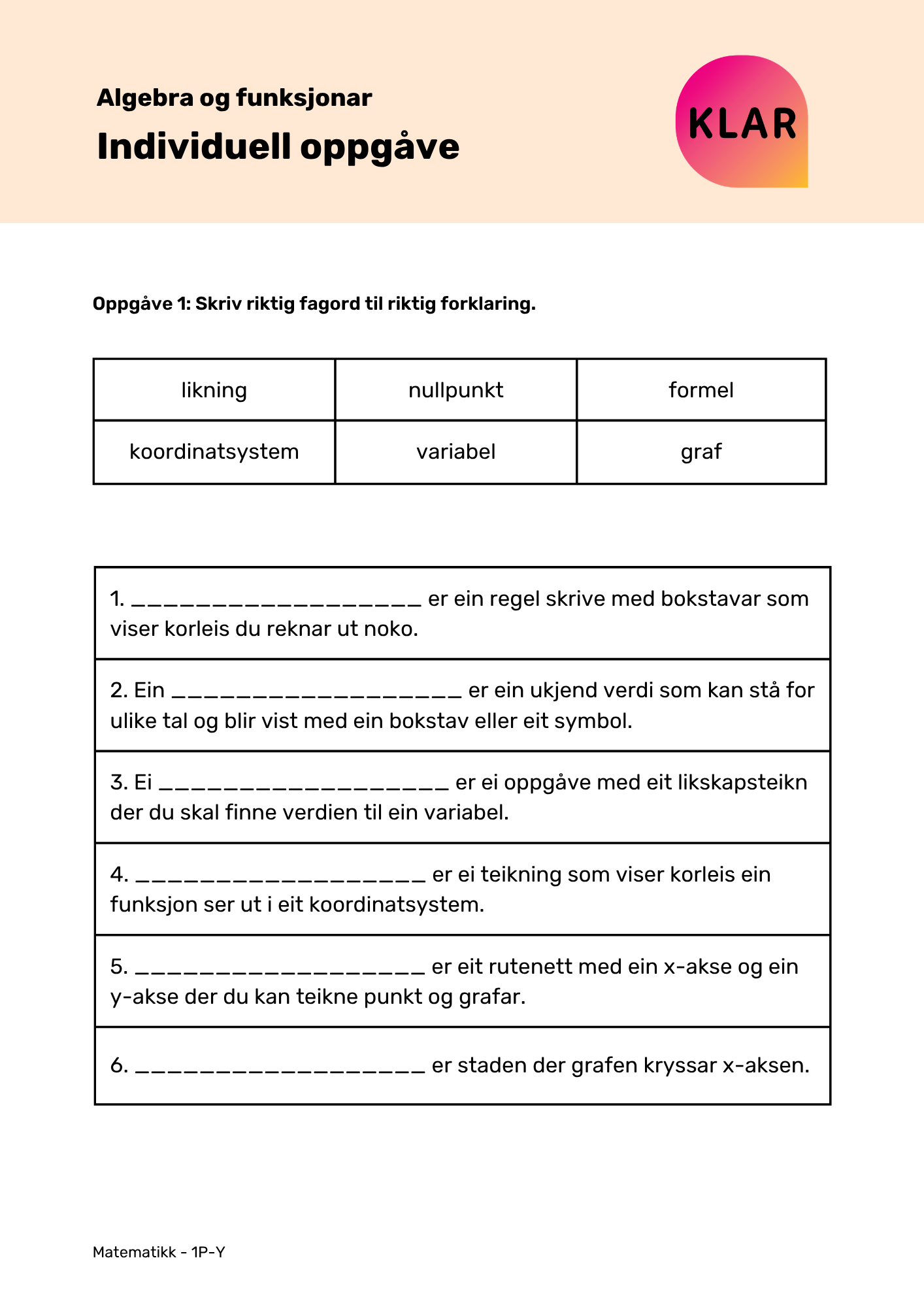 Algebra og funksjonar - individuell oppgåve